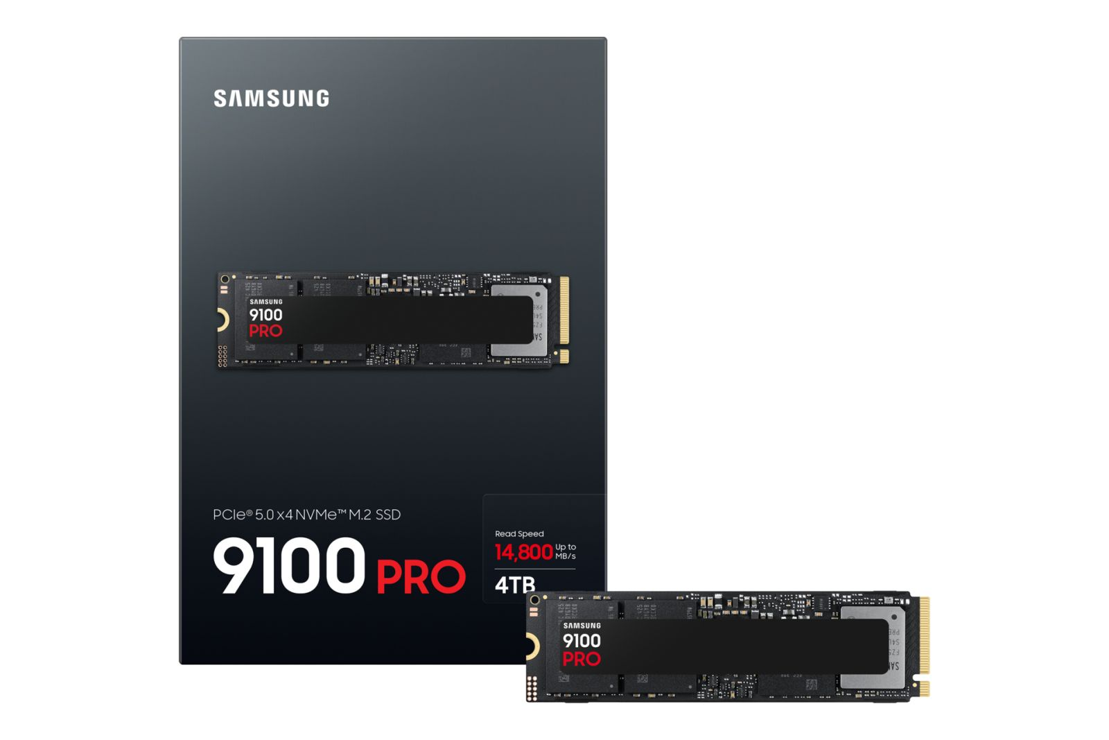Czarny dysk SSD Samsung 9100 PRO i jego pudełko. Dysk SSD i pudełko na białym tle.