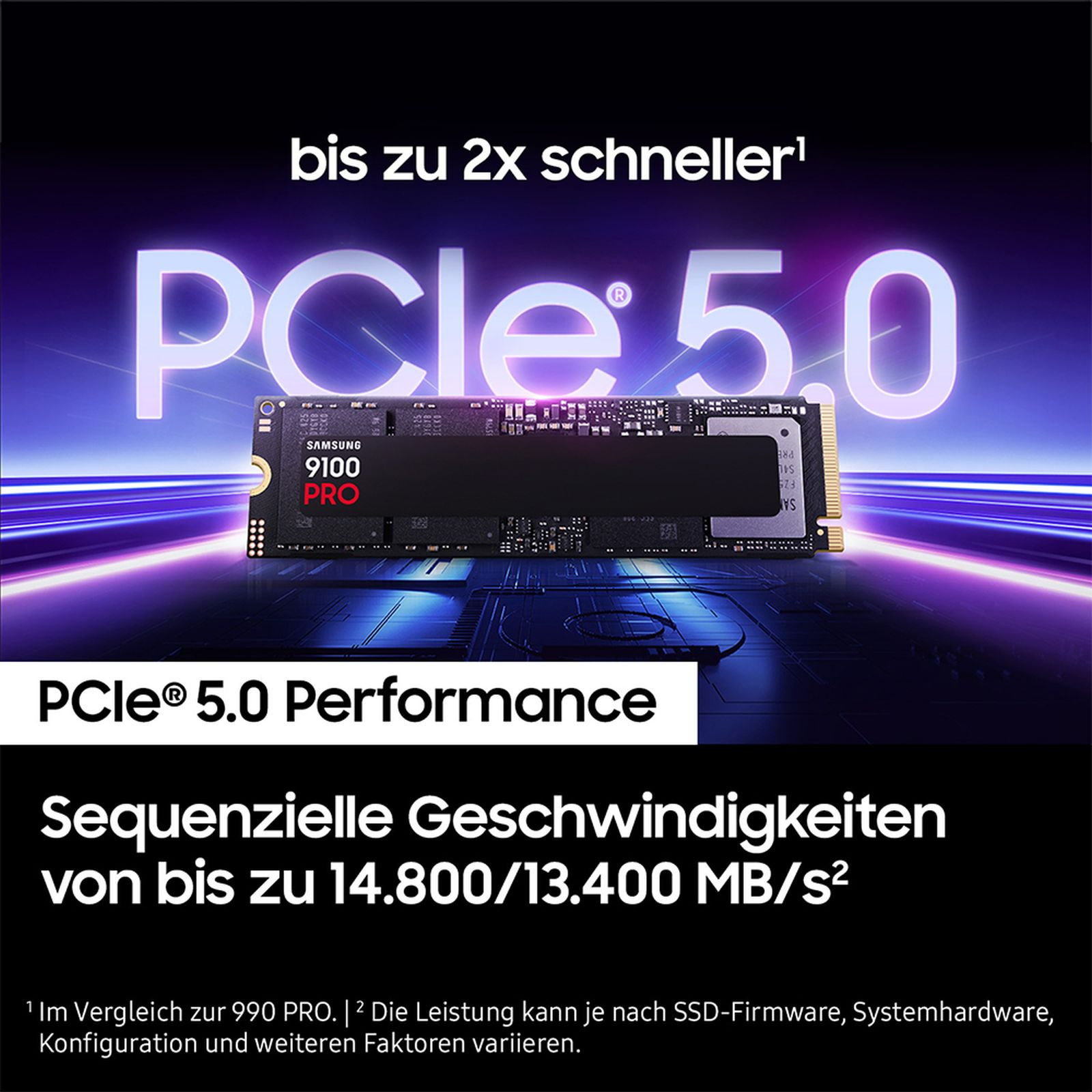 Obraz przedstawia czarny dysk SSD z tekstem. Tło ma PCle 5.0 i szczegóły wydajności.