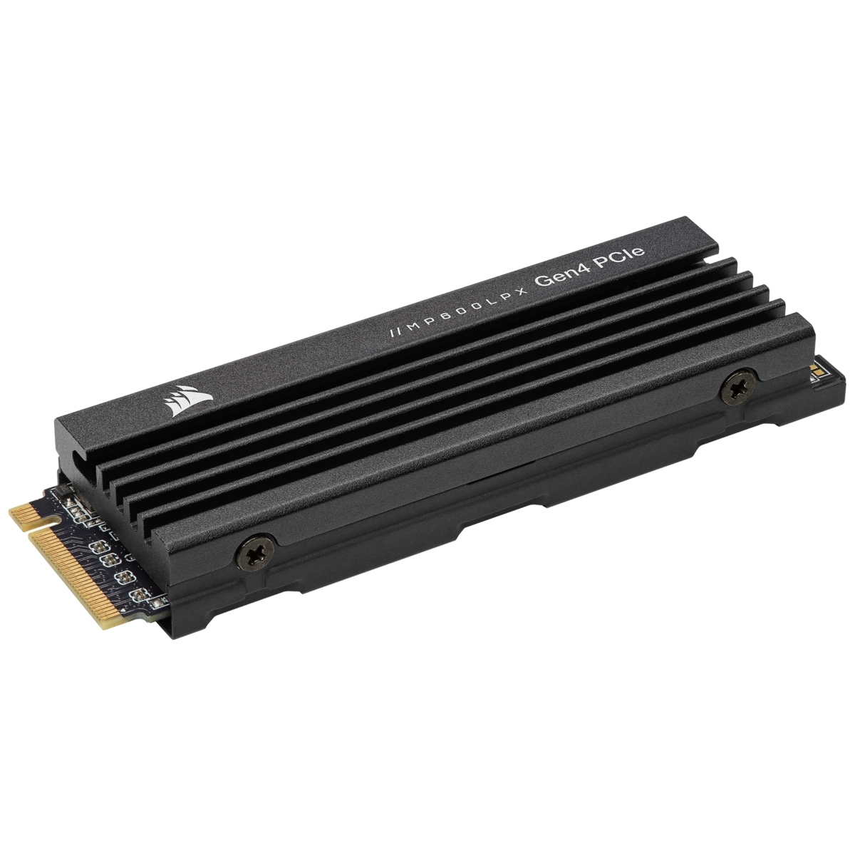 SSD PCIe Gen4 Corsair noir, avec dissipateur noir et connecteur doré.