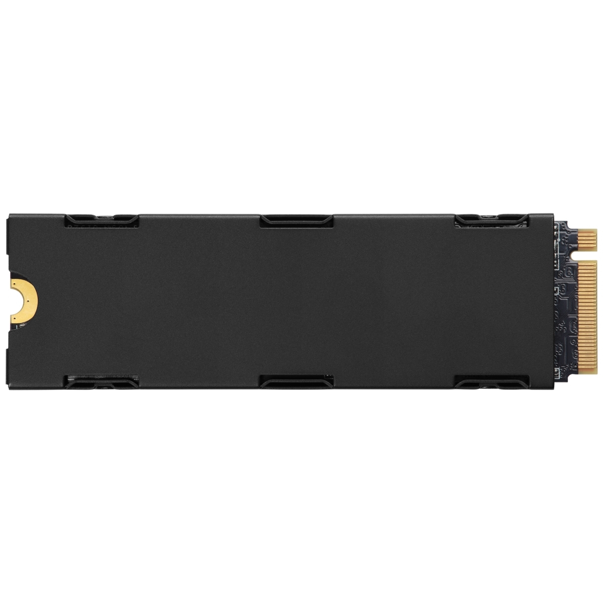 SSD noir vu de dessus, avec un connecteur doré à l'extrémité.