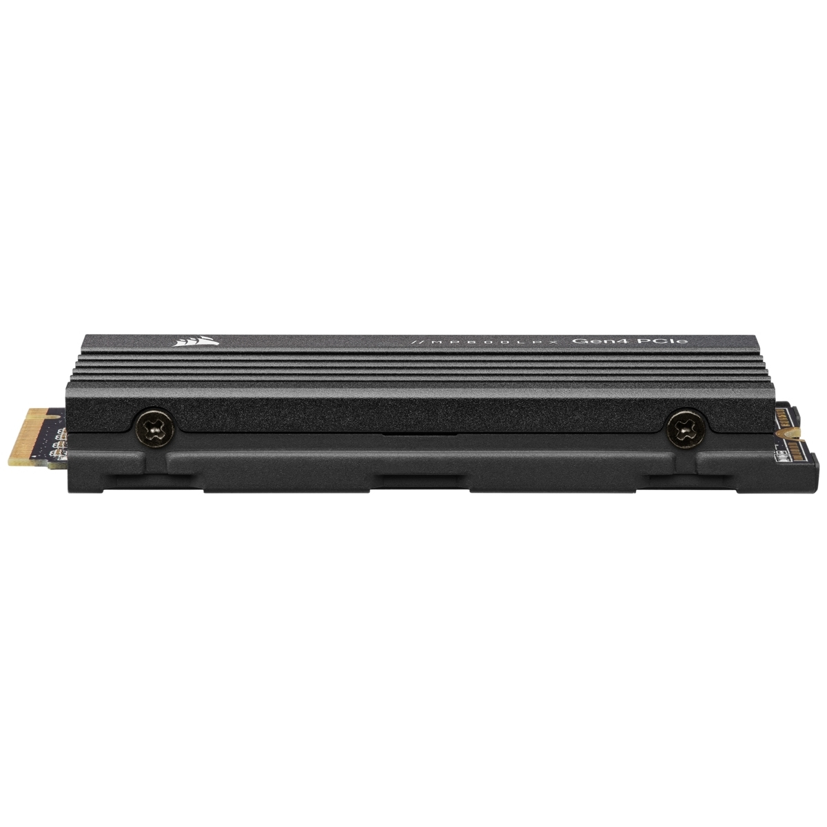 SSD PCIe Gen4 Corsair, noir avec dissipateur noir. Connecteur doré à gauche.
