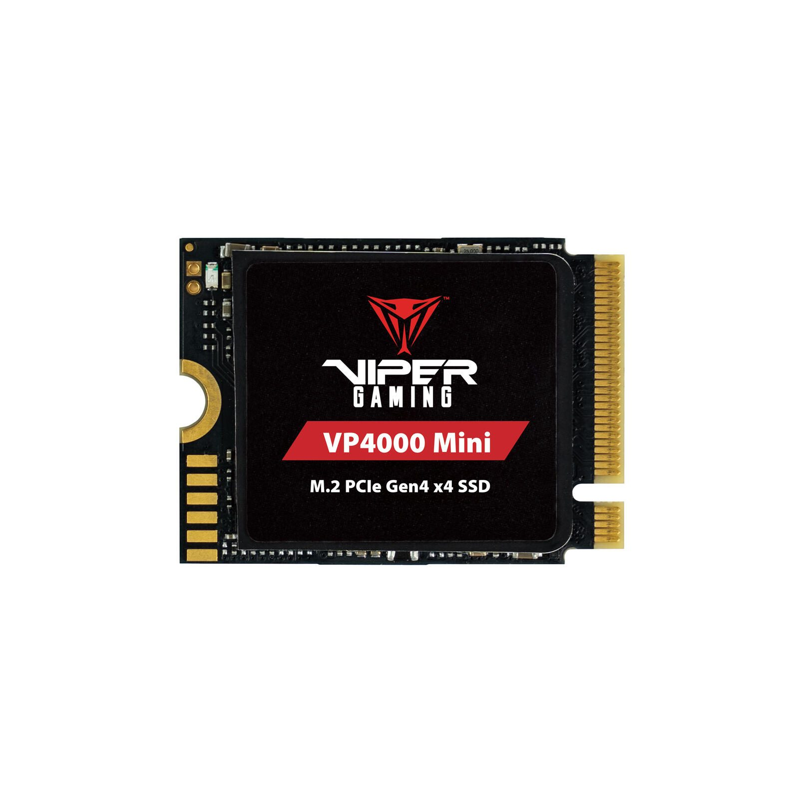 VP4000 Mini M.2 PCIe Gen4 x4 SSD. Nero con testo rosso e connettore dorato.