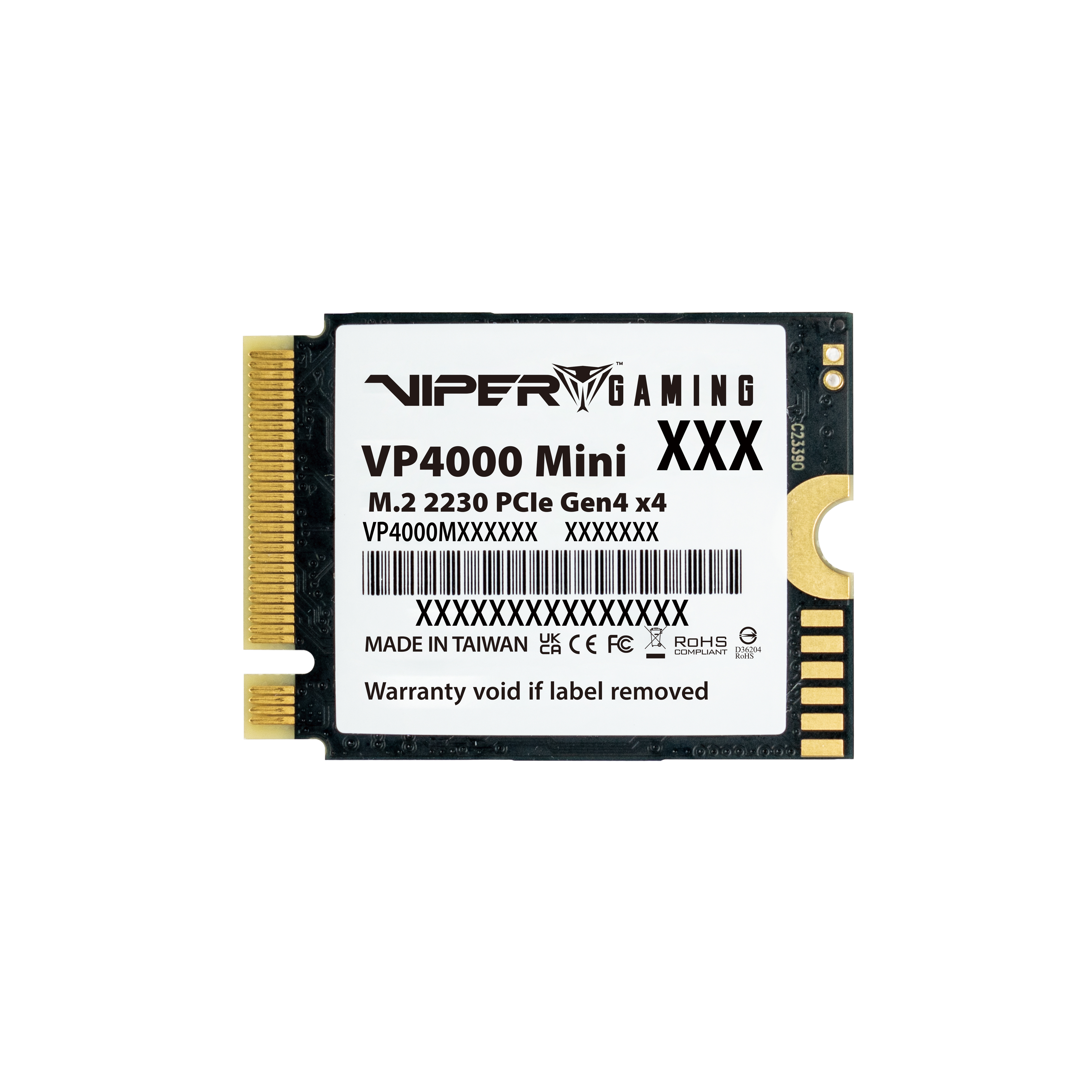 SSD nero Viper Gaming VP4000 Mini. Connettore dorato, testo bianco. Sfondo bianco.