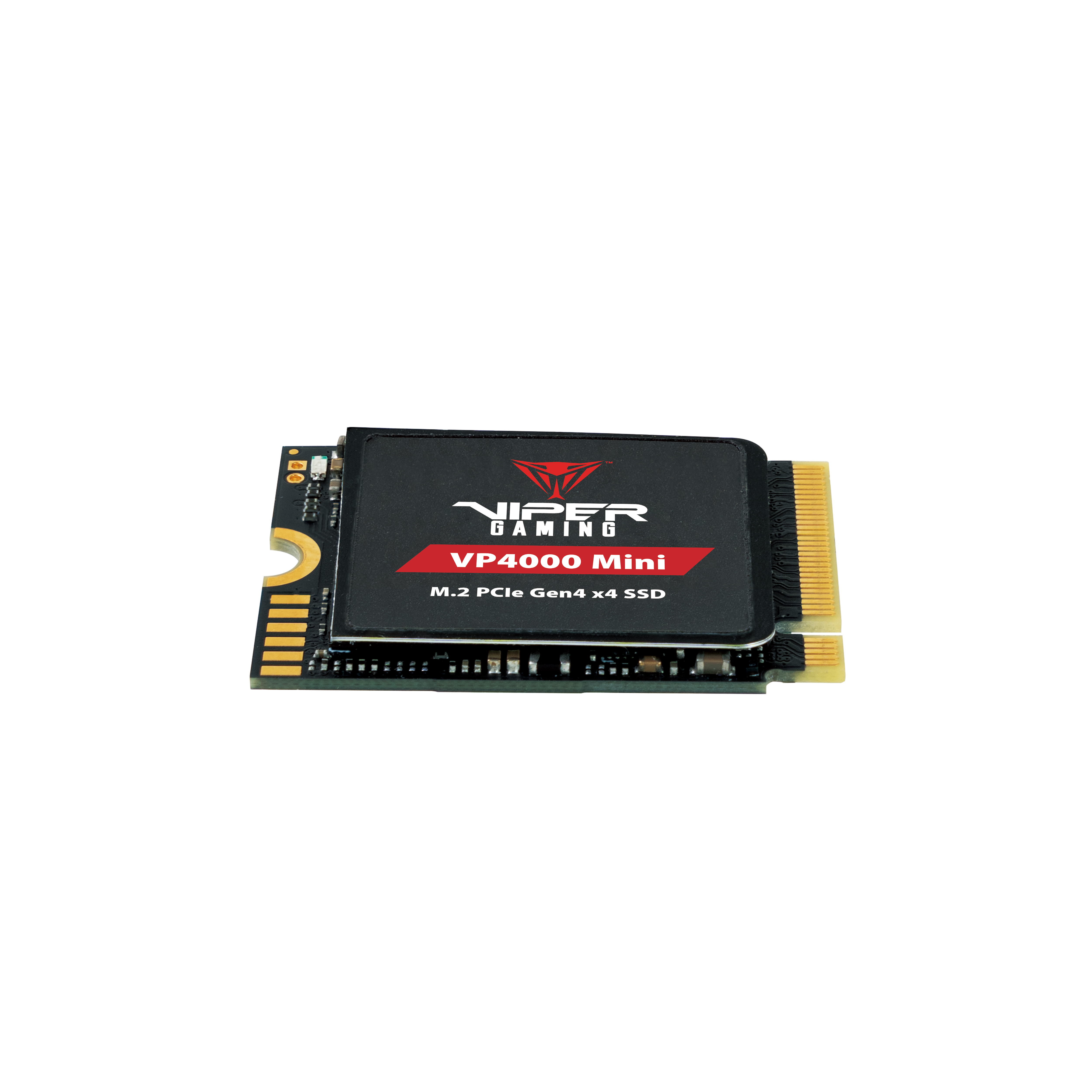 SSD nero Viper Gaming VP4000 Mini. Connettore dorato, testo bianco. Sfondo bianco.