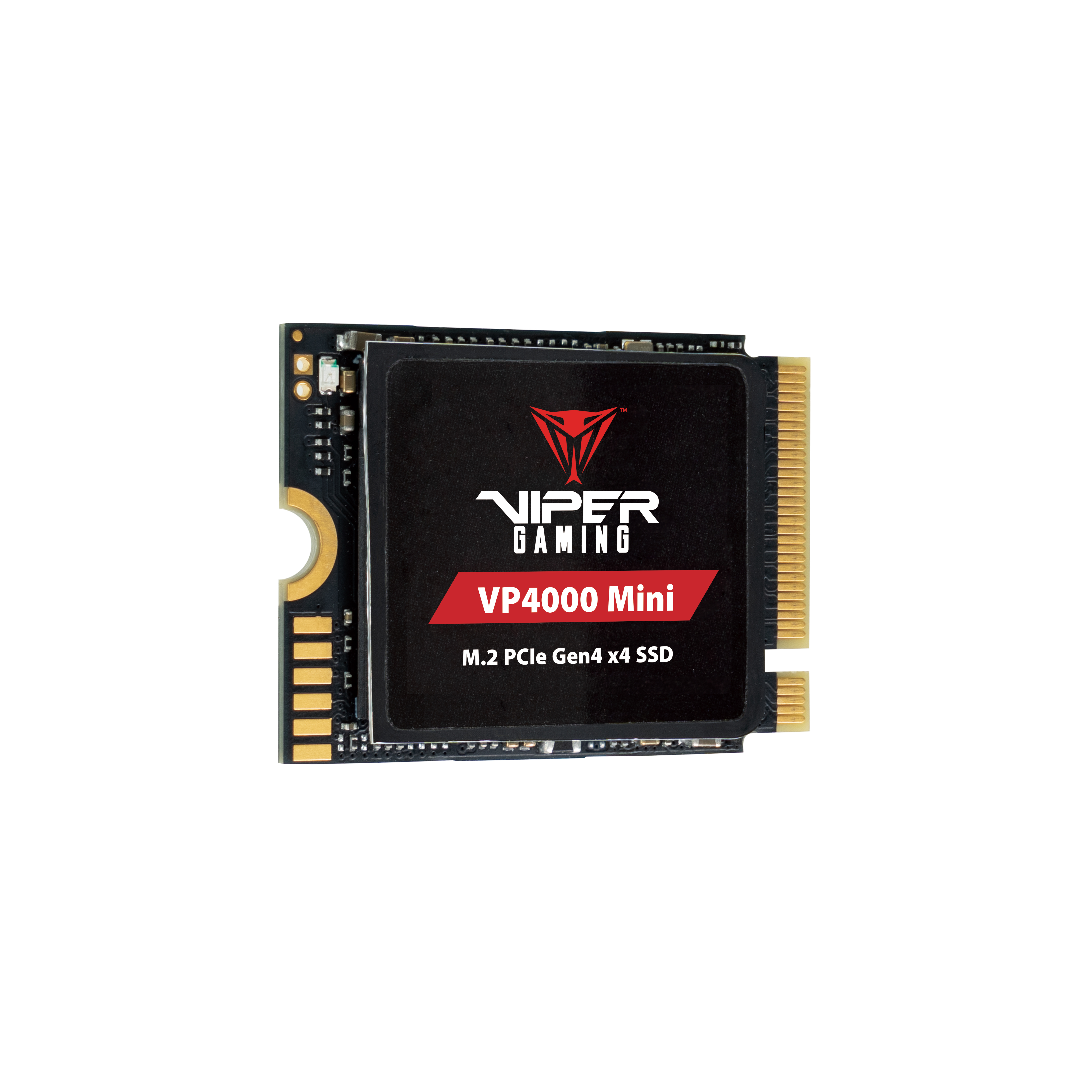 SSD nero Viper Gaming VP4000 Mini. Connettore dorato, testo bianco. Sfondo bianco.