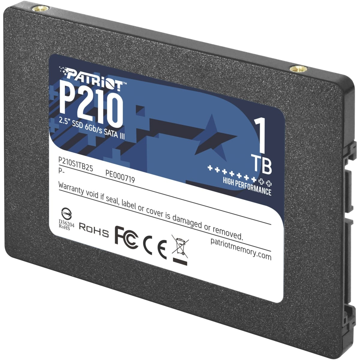 Dysk SSD Patriot, czarny z niebieską etykietą. Tekst: P210. Białe tło.