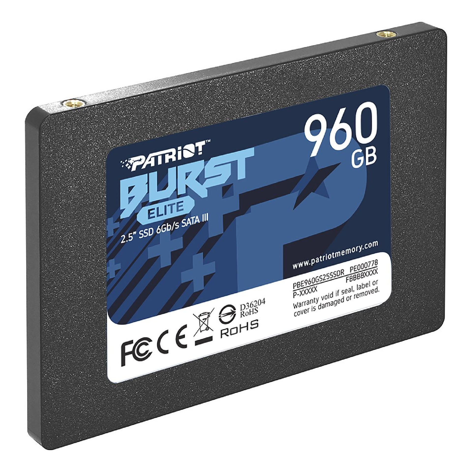 SSD Patriot Burst Elite. Nero con etichetta blu. Testo: 960 GB. Sfondo bianco.