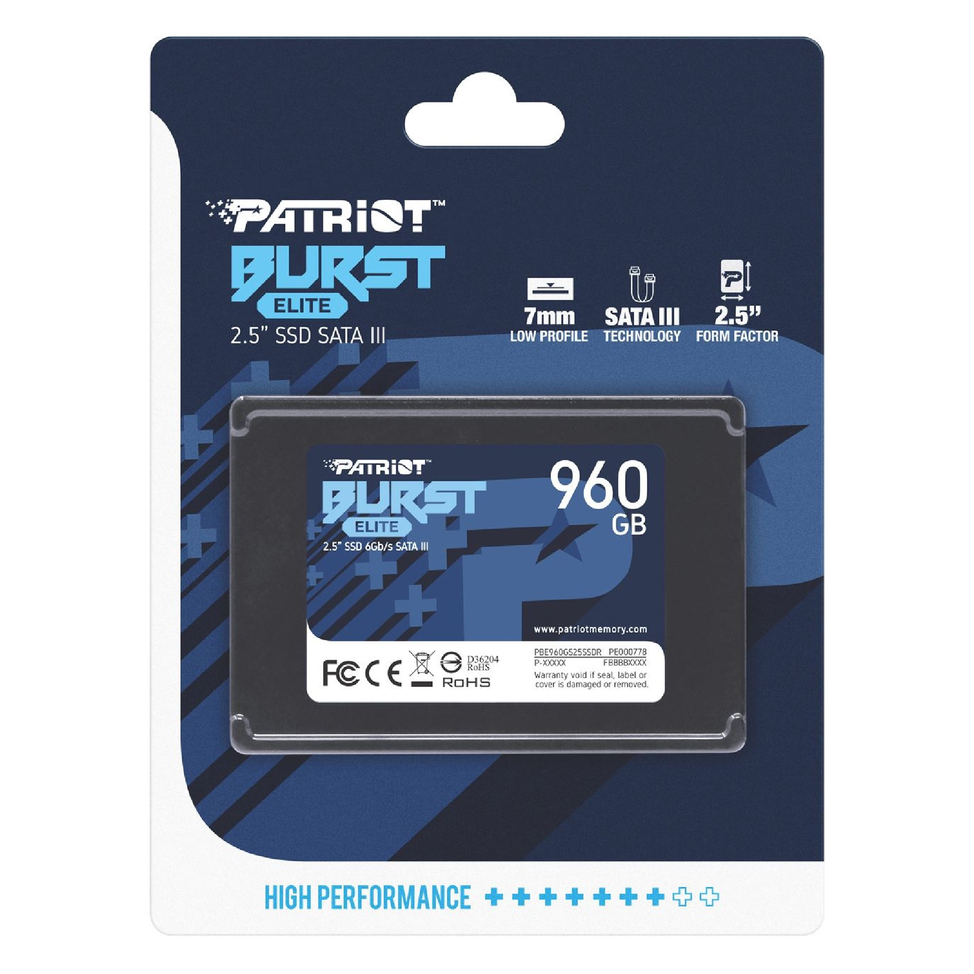 SSD in confezione: Patriot Burst Elite 960 GB. Confezione blu e nera, con grafica e testo.