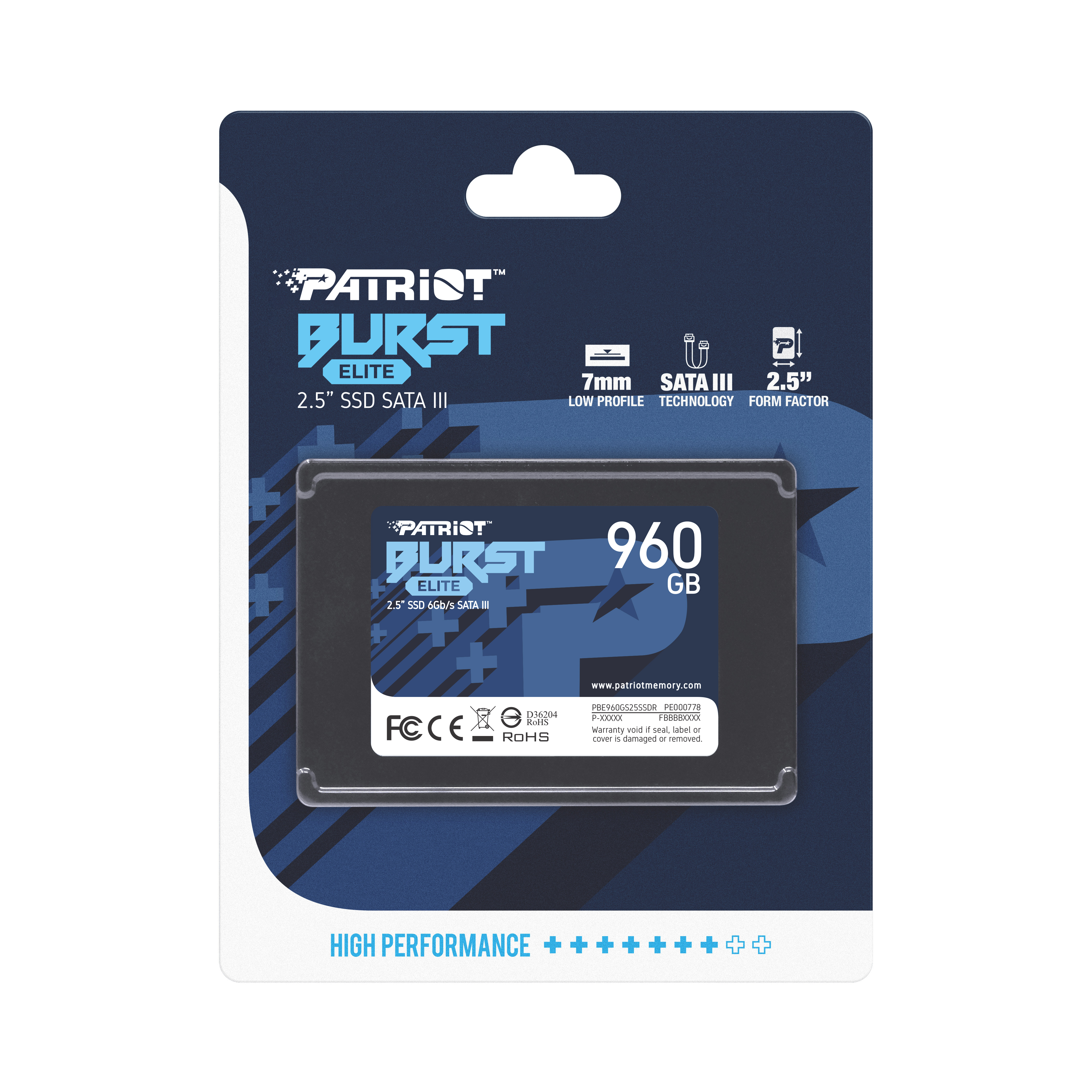 SSD Patriot Burst Elite, con design blu e bianco su confezione bianca e nera.