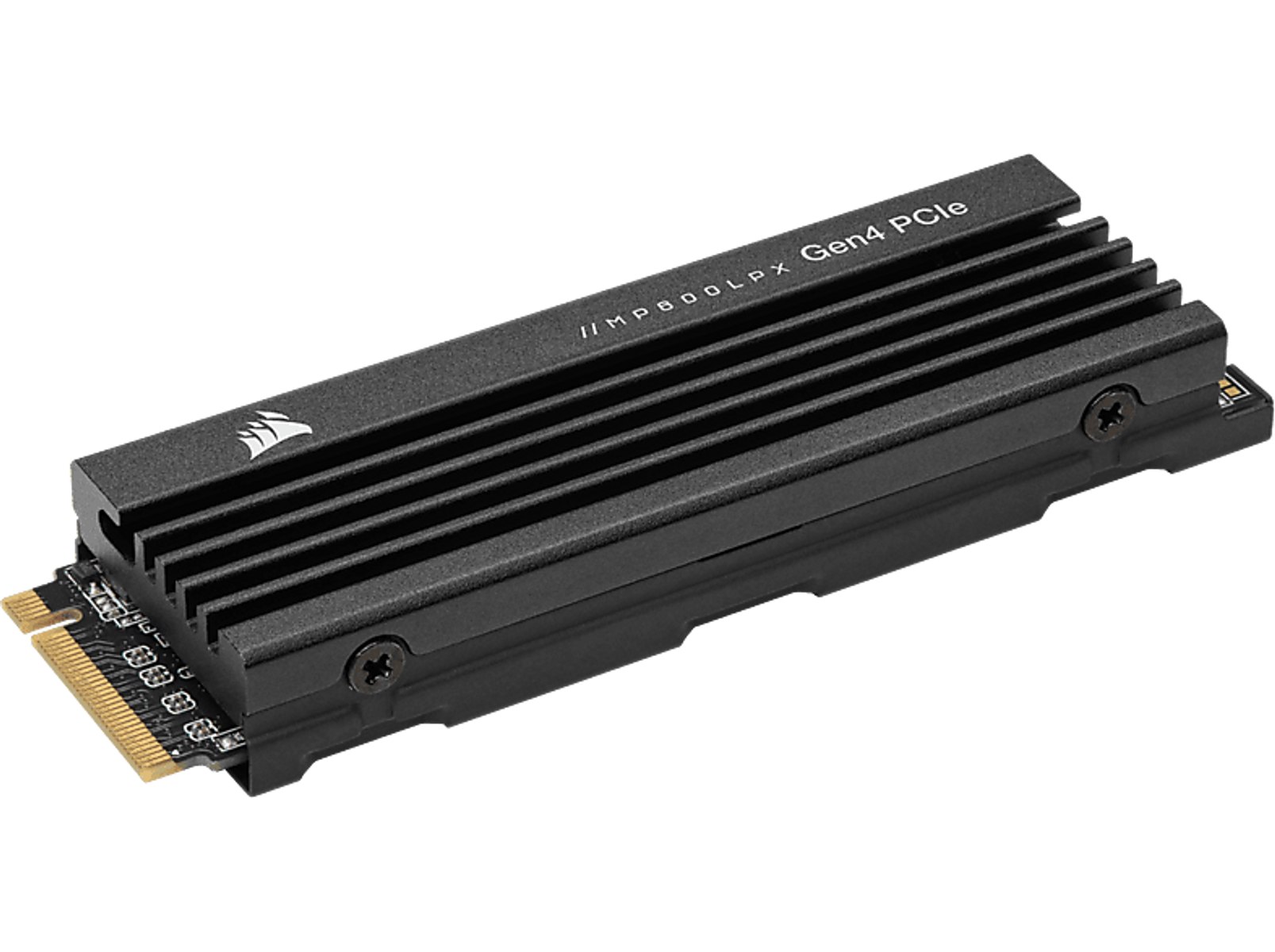 Czarny dysk SSD M.2 z radiatorem. Widoczne logo Corsair. Prostokątny z liniami.