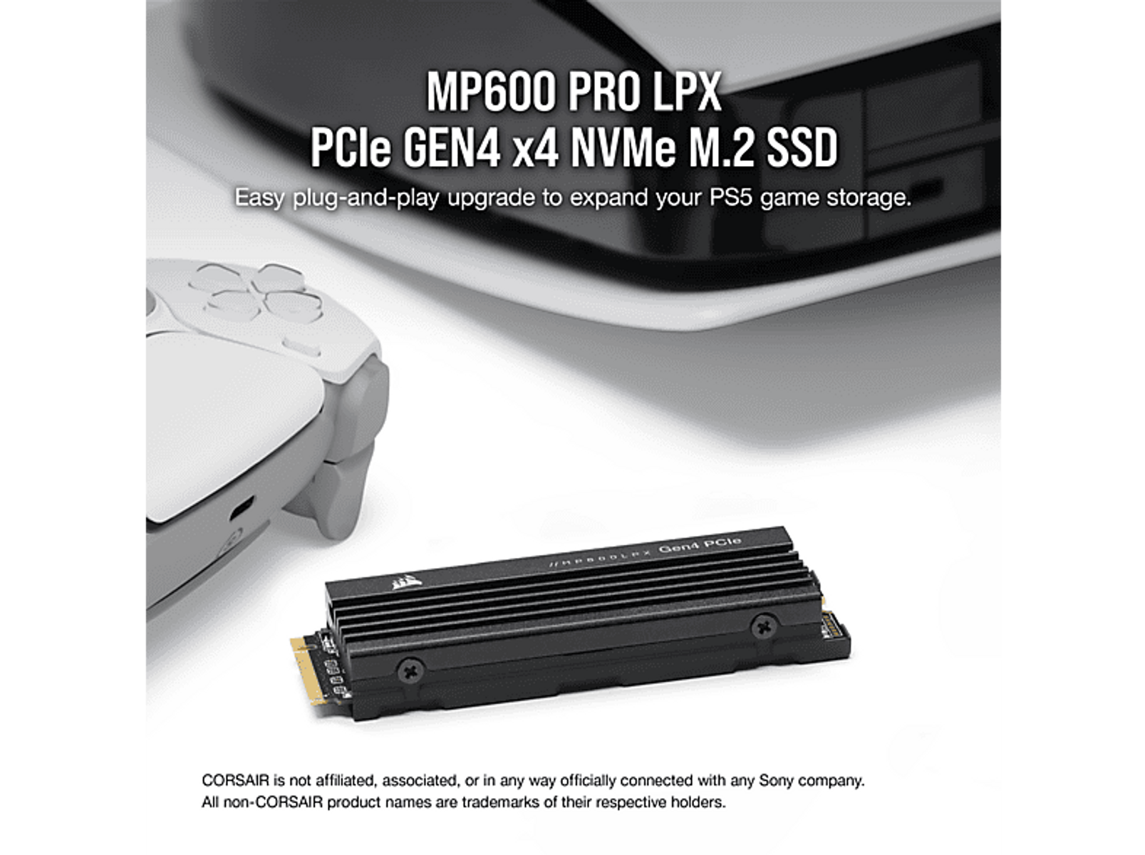 Obrazek przedstawia dysk SSD M.2 i kontroler PS5. Nakładka tekstowa reklamująca dysk SSD.