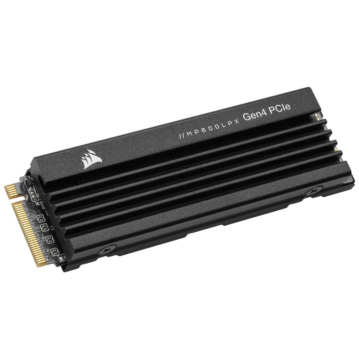 Czarny dysk SSD Corsair MP600 LPX Gen4 PCIe z finami i białym logo.