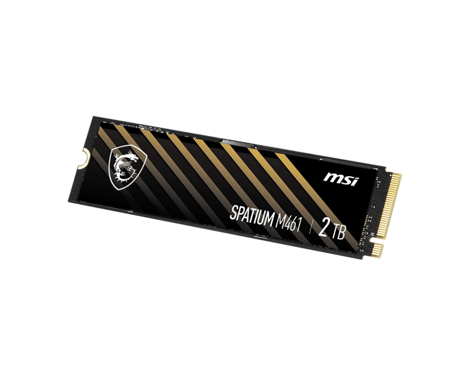 Czarny SSD ze złotymi paskami, logo MSI i napisem 'SPATIUM M461'. Ma 2 TB.