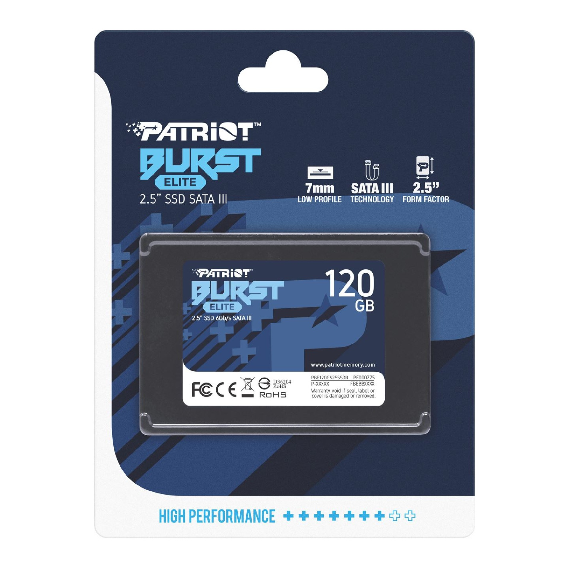 SSD in una scatola. Etichetta bianca con testo nero e marchio Patriot.