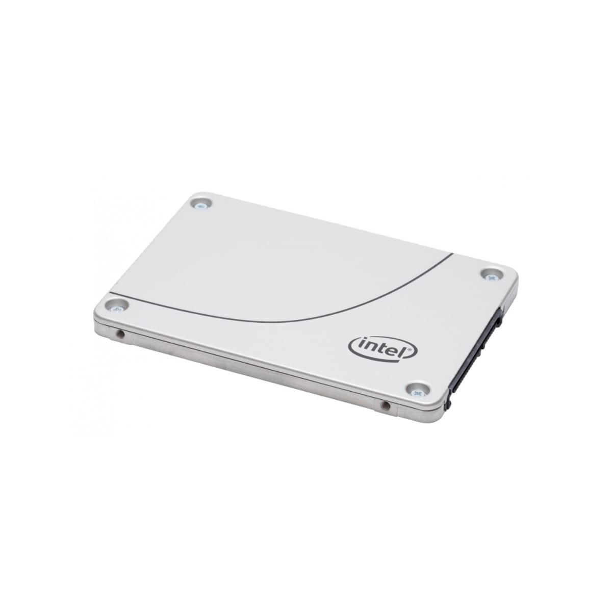 Un SSD Intel argento con una linea nera curva e il logo Intel.