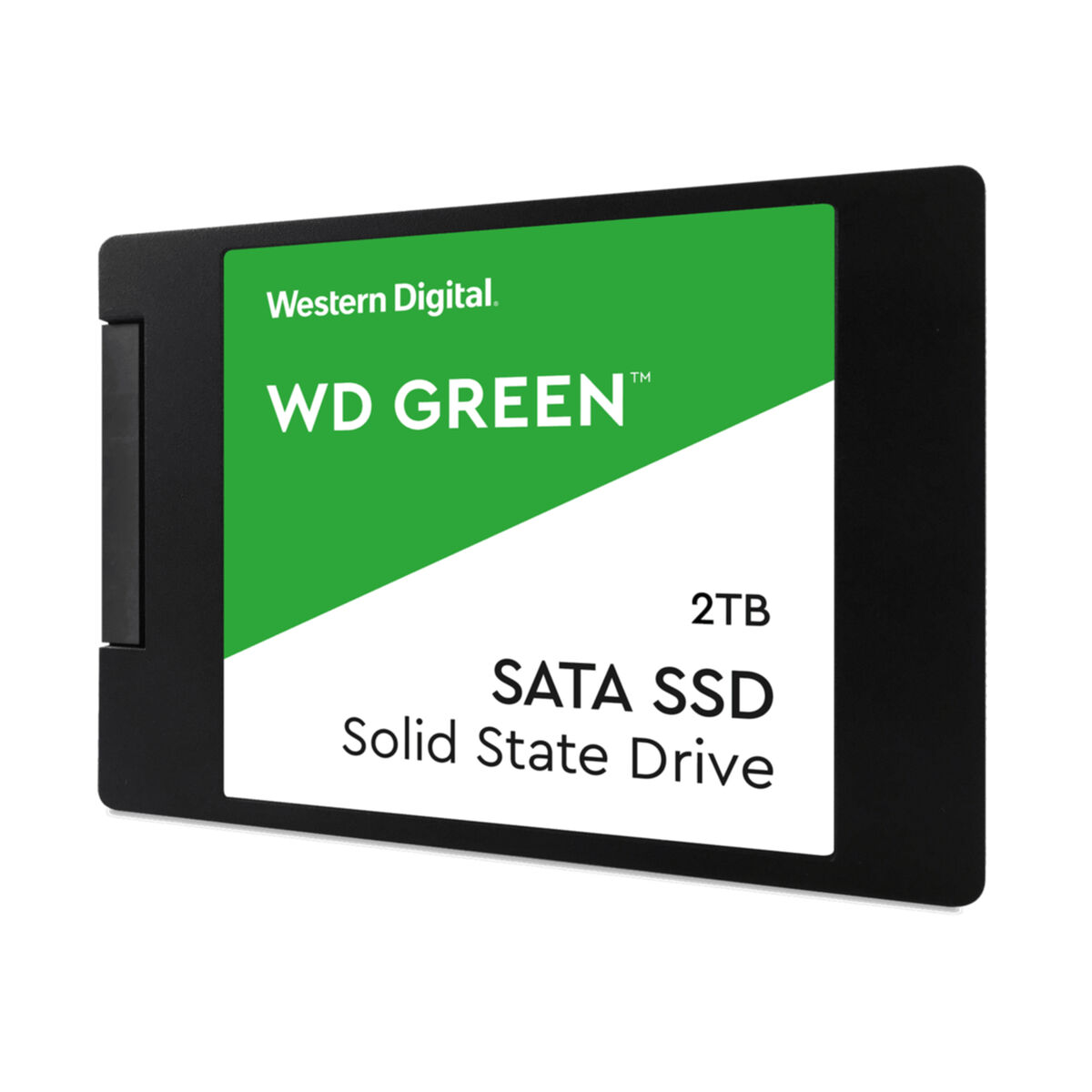 Western Digital WD GREEN SSD. Schwarz-grünes Etikett. Weißer Hintergrund.