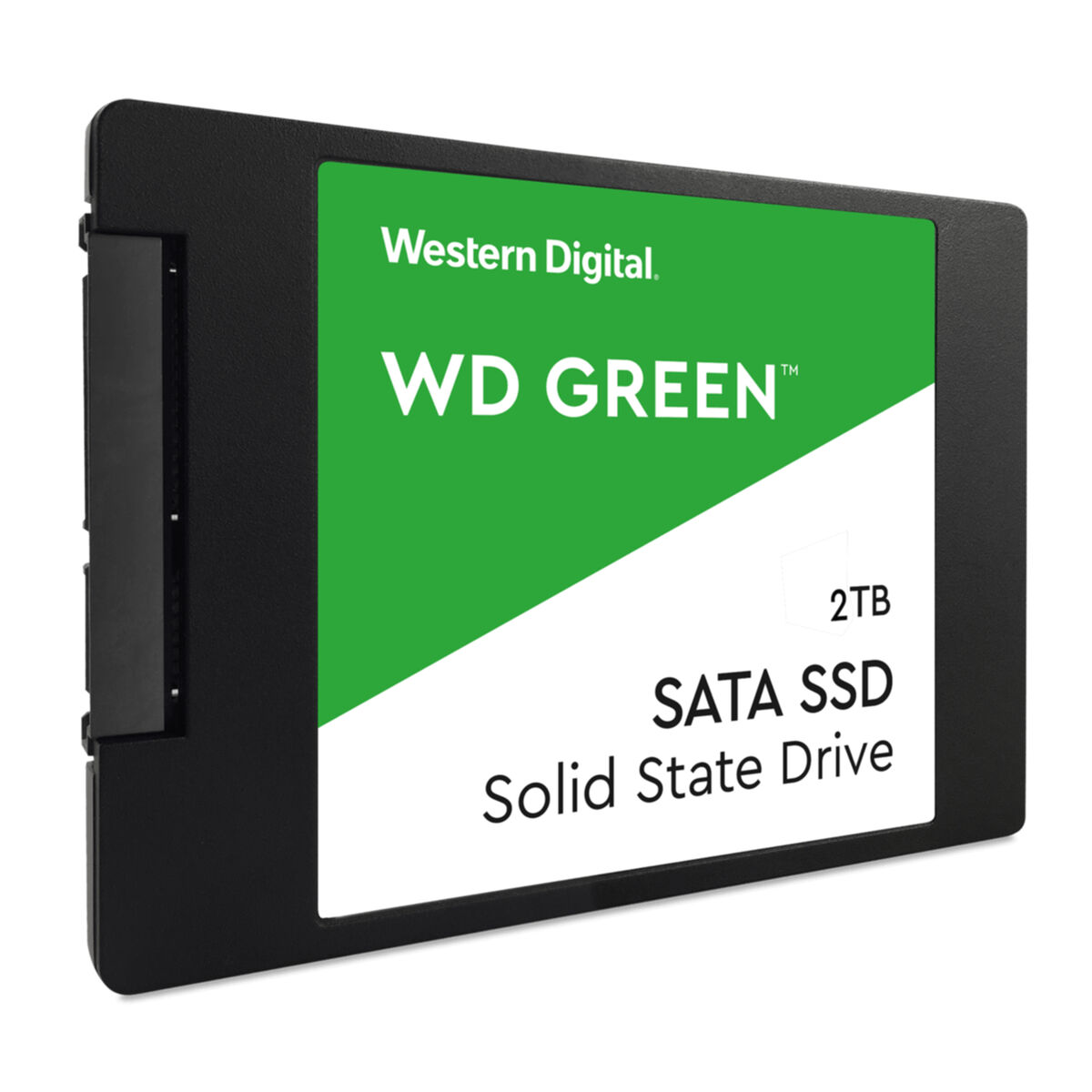 Schwarze SSD mit grünem Etikett, 'WD GREEN', '2TB', 'SATA SSD Solid State Drive'.
