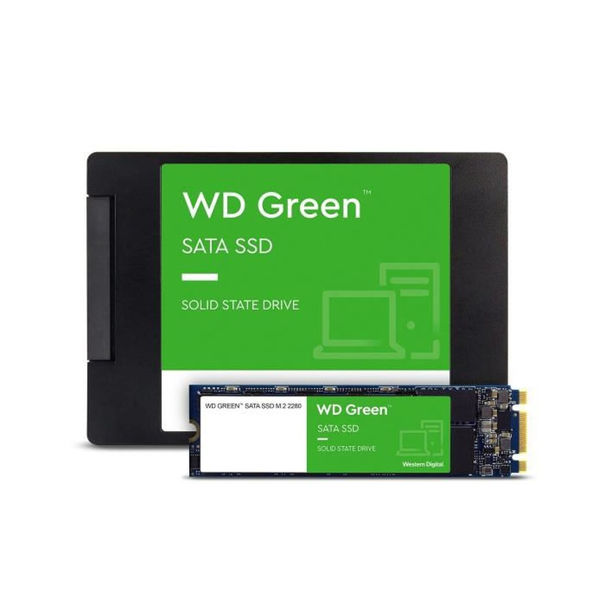 Eine SSD mit schwarzem Gehäuse und einem grünen Etikett mit der Aufschrift WD Green SATA SSD.