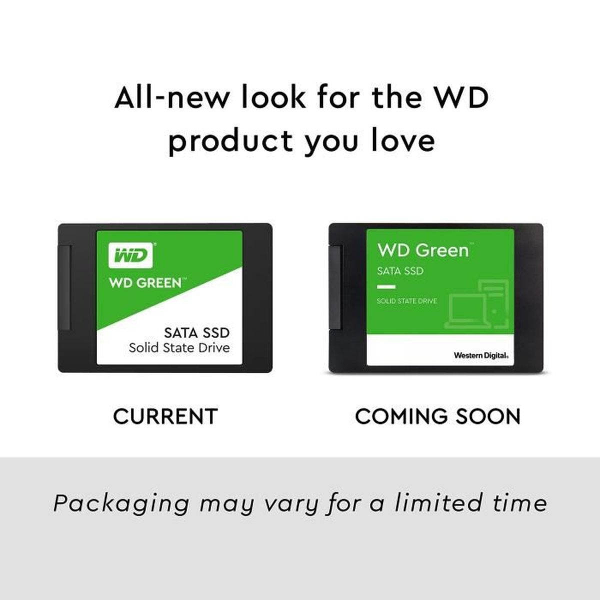 Bild zeigt zwei SSDs, eine mit der Aufschrift 'Current' und die andere mit 'Coming Soon'.