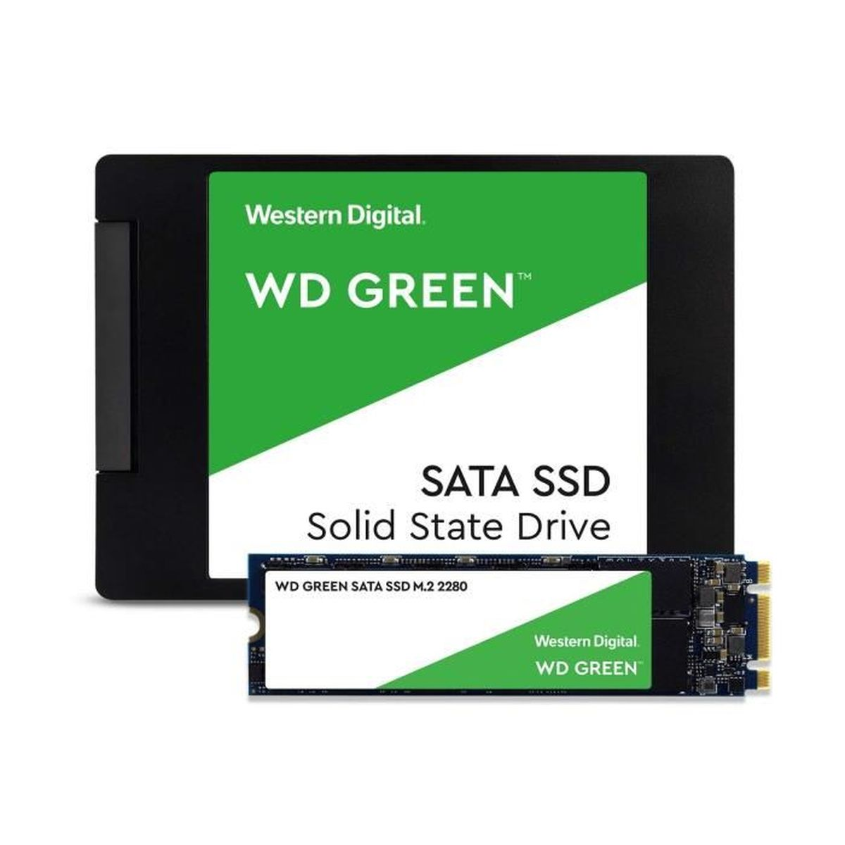 WD GREEN SSD und eine separate M.2 SSD. Beide auf weißem Hintergrund. Die größere hat ein grün-weißes Etikett.