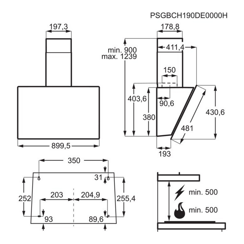 Disegno tecnico: una cappa da cucina con dimensioni.