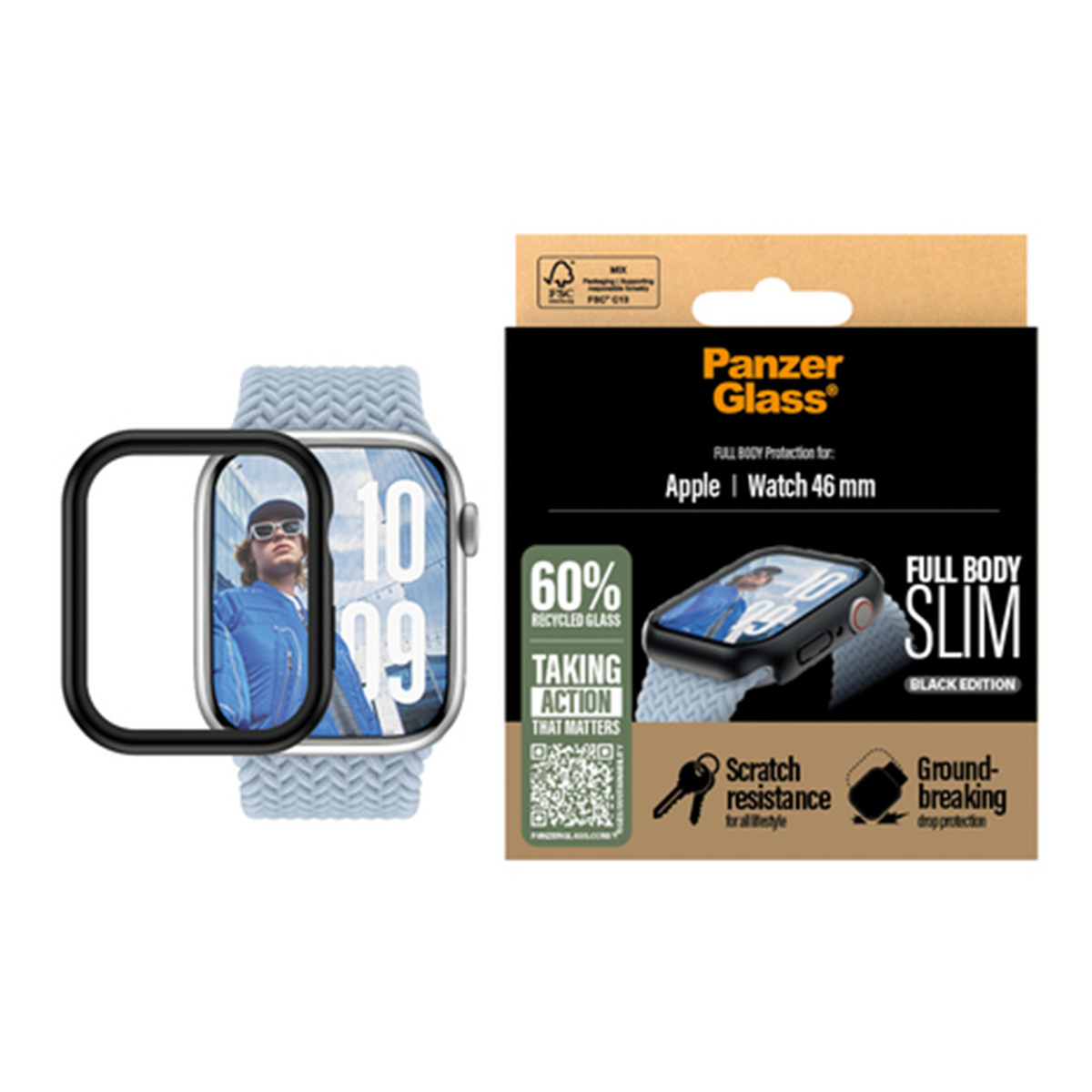 Smartwatch, screen protector, and packaging on a white background.  Watch has a blue band.