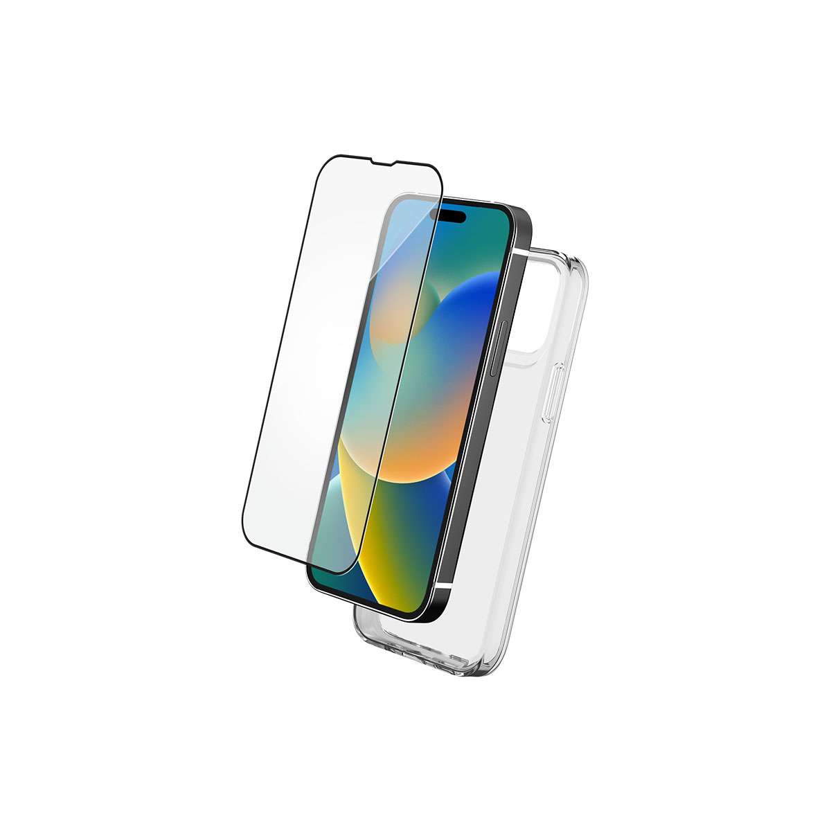 iPhone 14 mit Displayschutz und klarer Hülle, auf weißem Hintergrund.