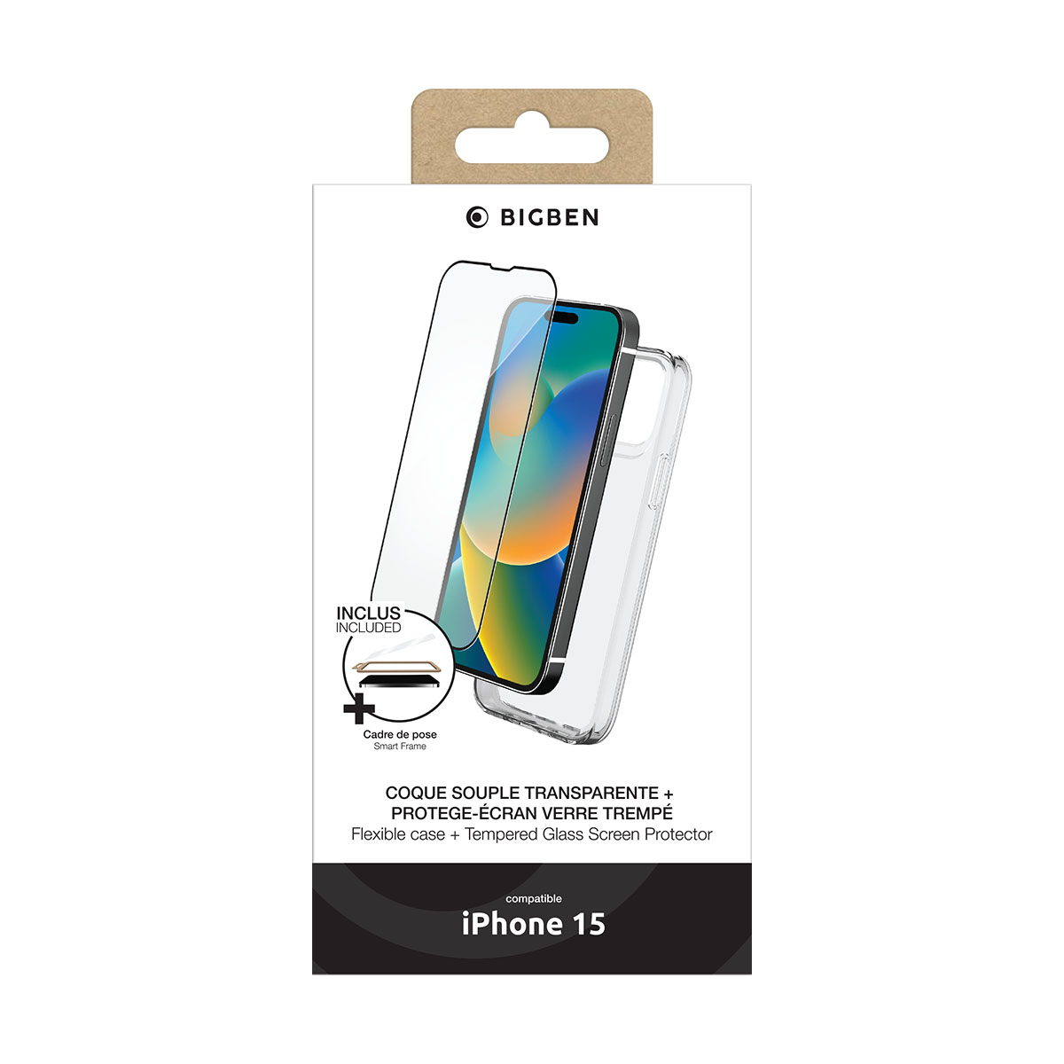 iPhone 15 Hülle und Displayschutz Verpackung, mit Produktanzeige und Text.