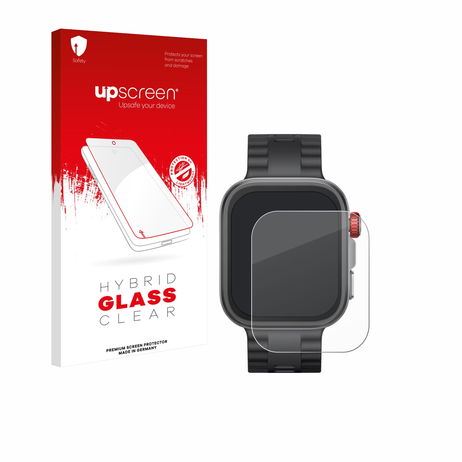 Rote Displayschutzbox und eine Smartwatch mit klarem Displayschutz.