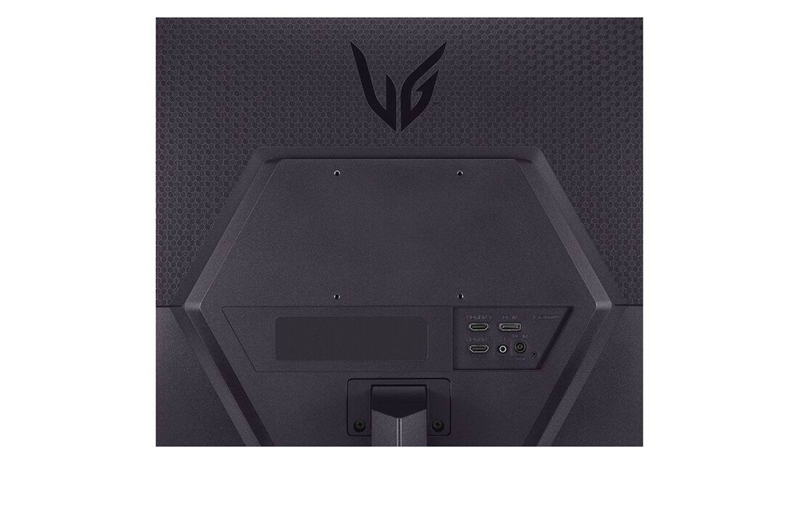 Zbliżenie tyłu czarnego monitora LG UltraGear. Pokazuje porty i logo. Tło białe.