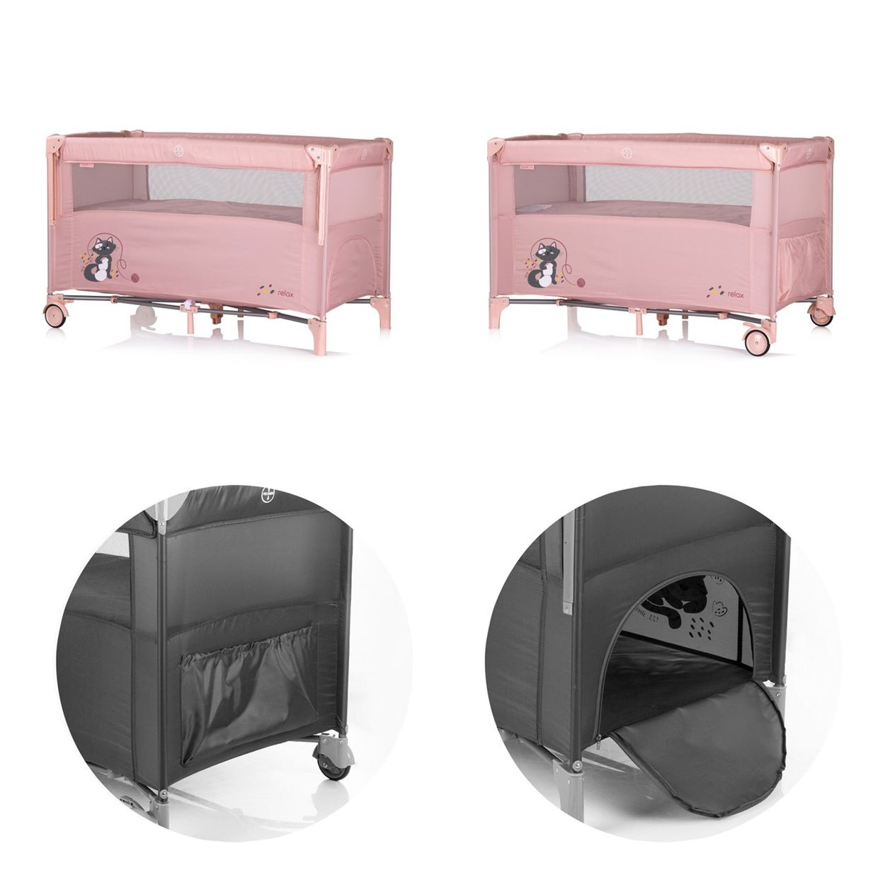 Rosa Baby-Reisebett-Set mit Netzwänden und Katzenillustrationen. Das Bett steht auf weißem Hintergrund. Mehrere Ansichten werden gezeigt.