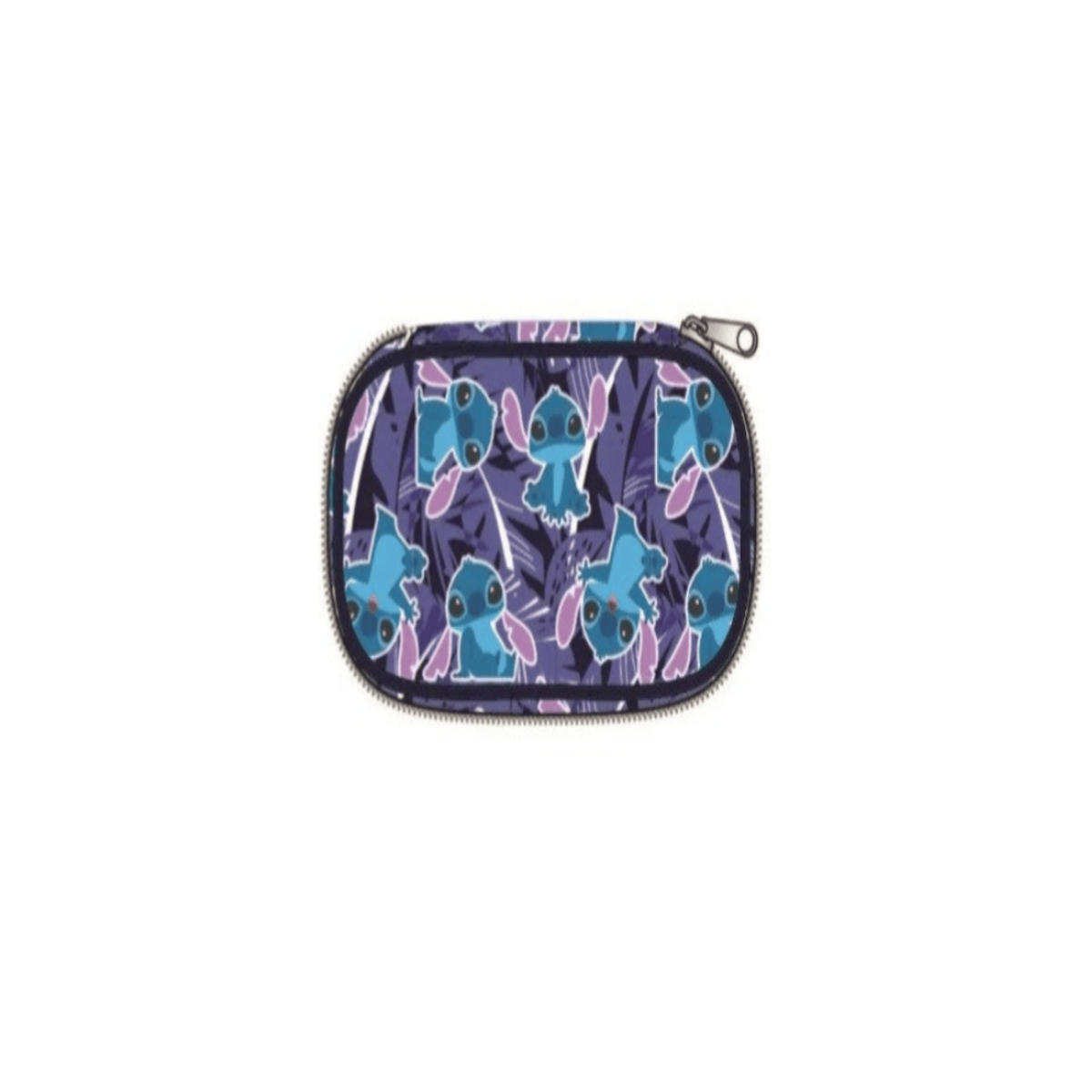 Un astuccio per il trucco viola con un motivo Stitch. L'astuccio è ovale e ha una cerniera. I personaggi Stitch sono visibili.