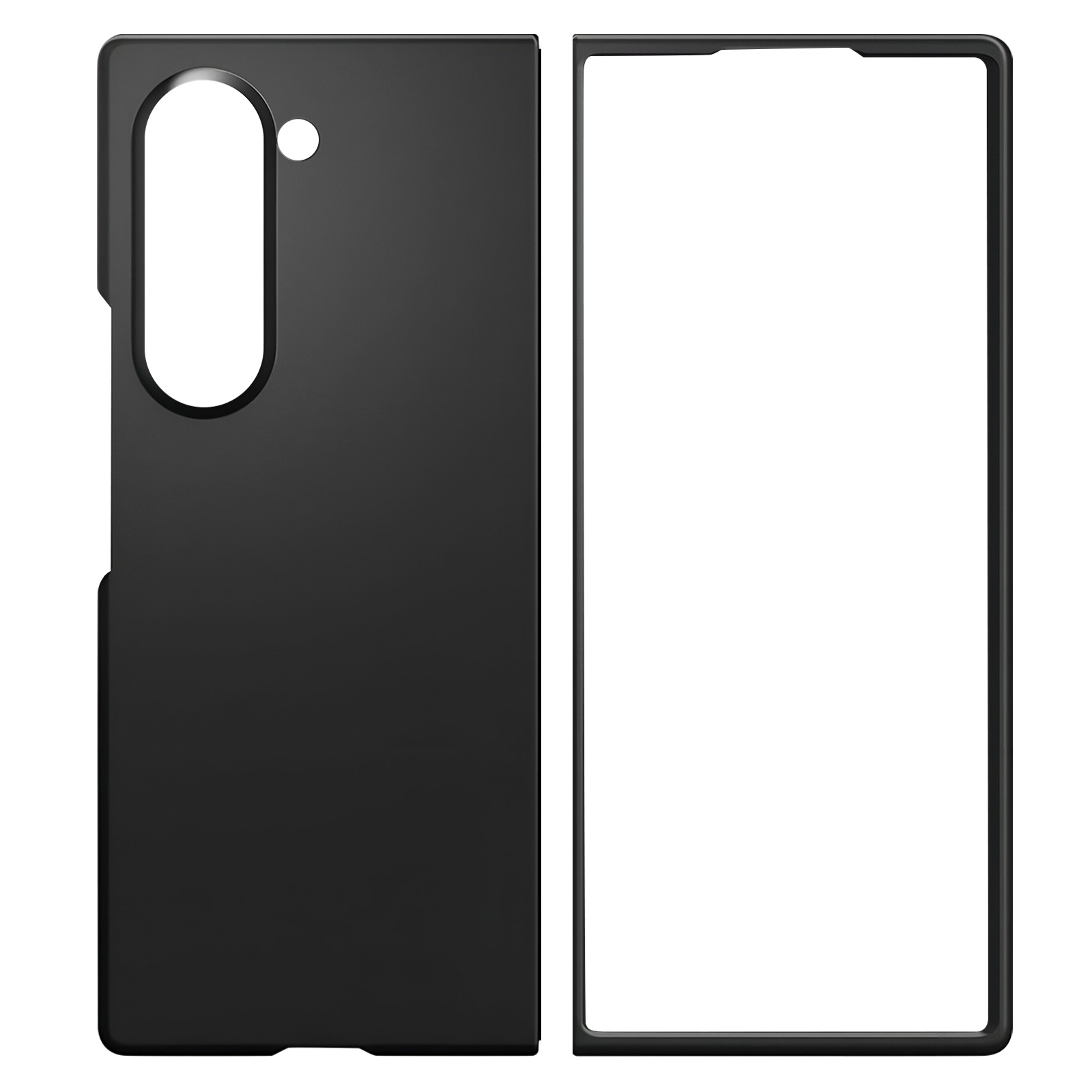 Custodia nera per telefono, separata. La custodia ha ritagli per la fotocamera e lo schermo. L'area dello schermo è bianca e vuota.