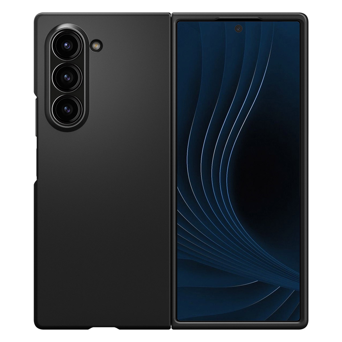 Custodia nera per telefono pieghevole, parzialmente aperta, che mostra lo schermo. La custodia ha una fotocamera a tre lenti e uno schermo blu scuro.