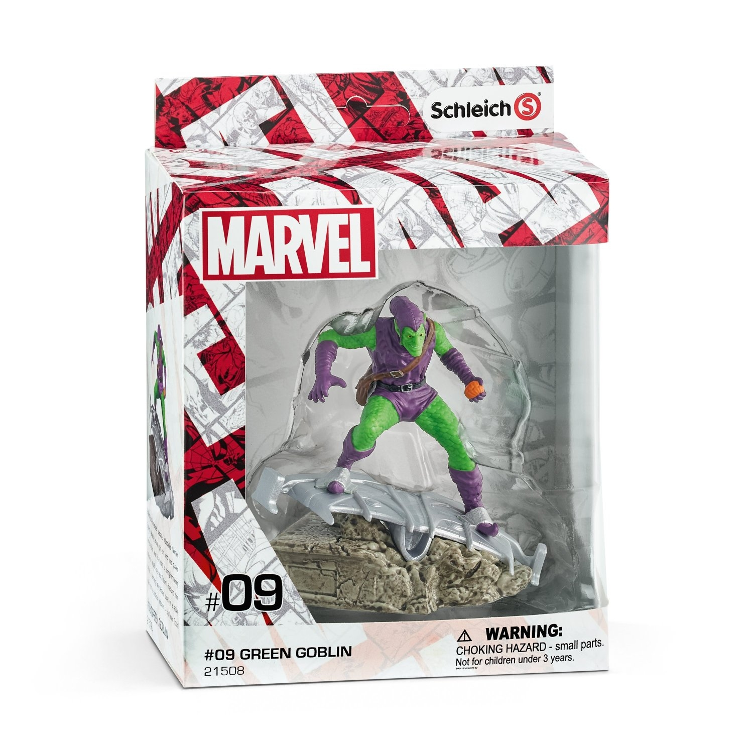 Figura di Green Goblin in una scatola Marvel. La figura è su un hoverboard. La scatola è bianca e rossa.