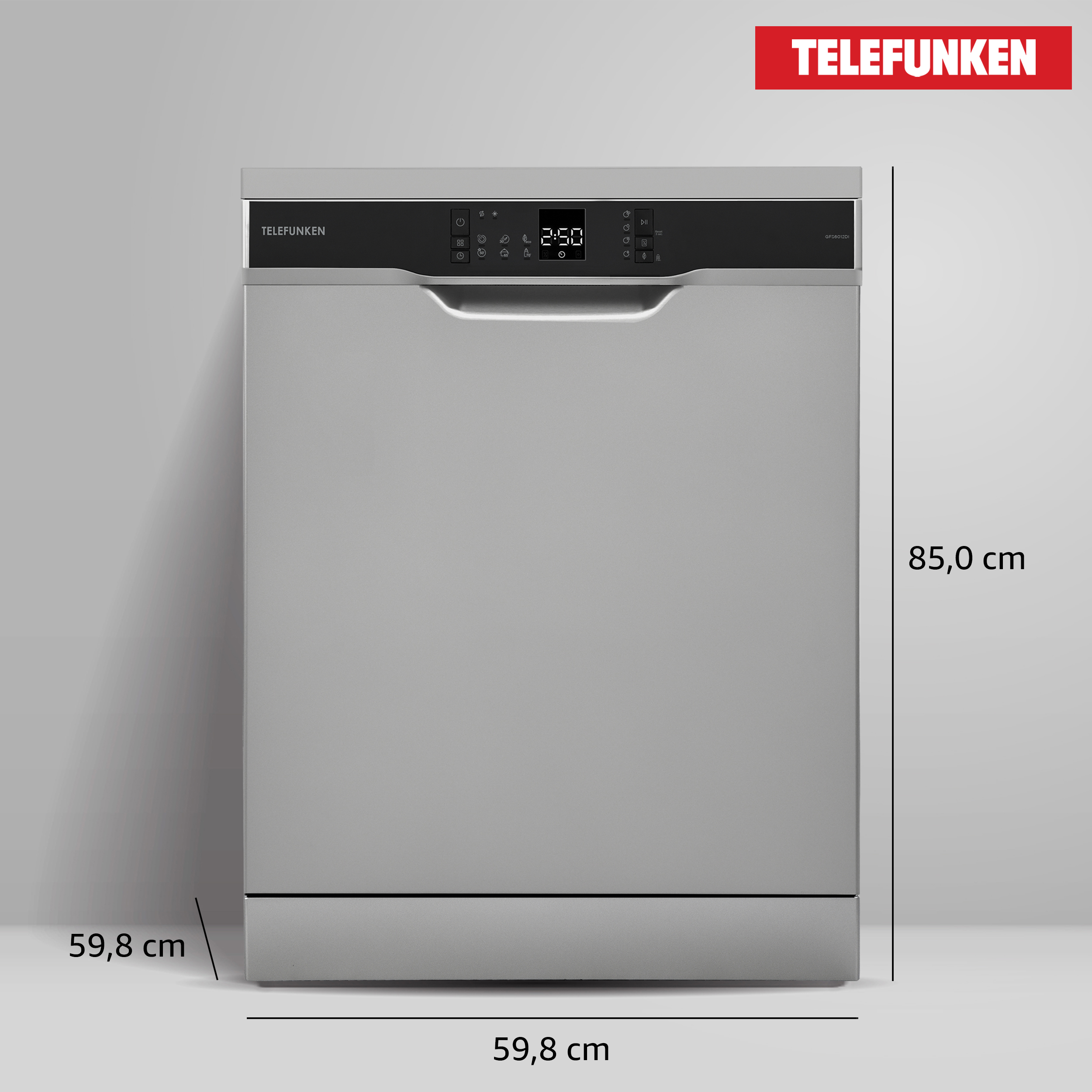 Silberner Telefunken-Geschirrspüler mit Abmessungen. Das Display zeigt '2:50'.