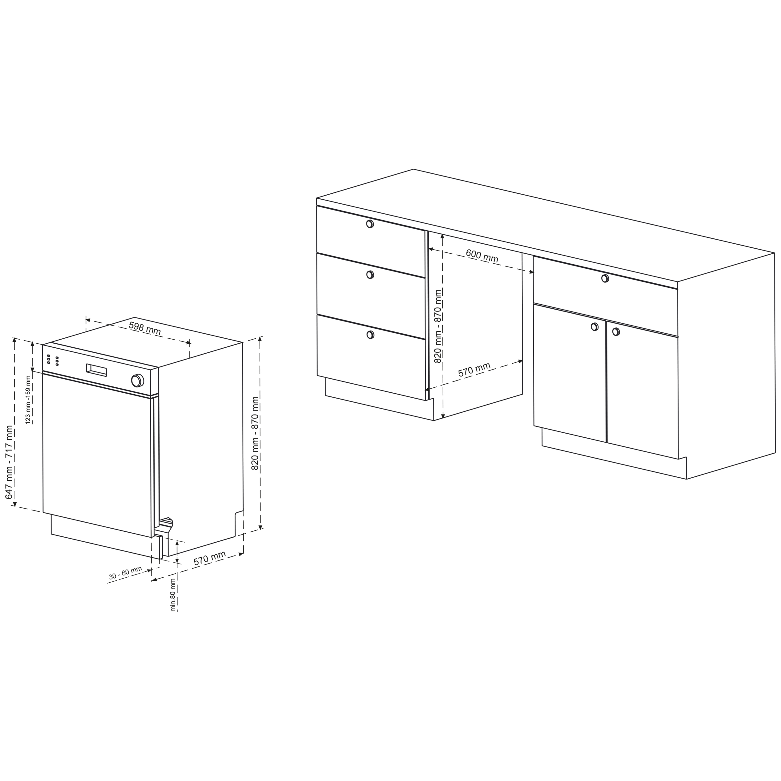 Diagramm eines Geschirrspülers und eines Küchenschranks mit Abmessungen.