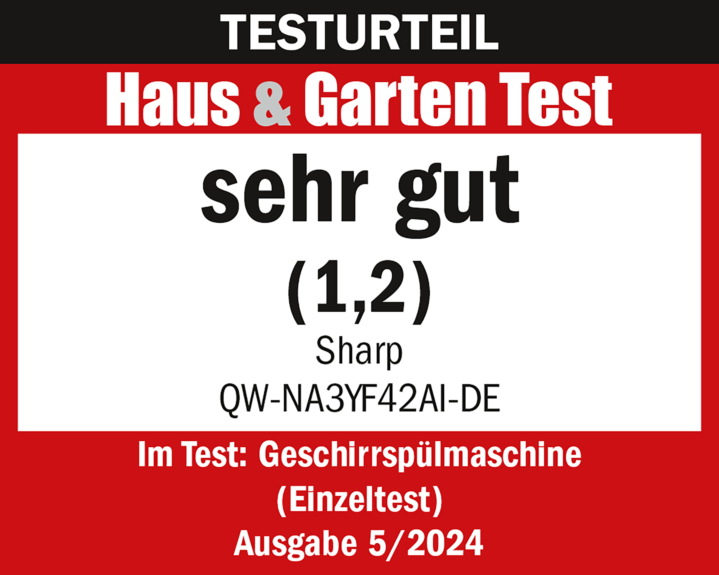 Ein rot-weißes Testergebnisbild. Es zeigt eine Spülmaschine und eine sehr gute Bewertung.