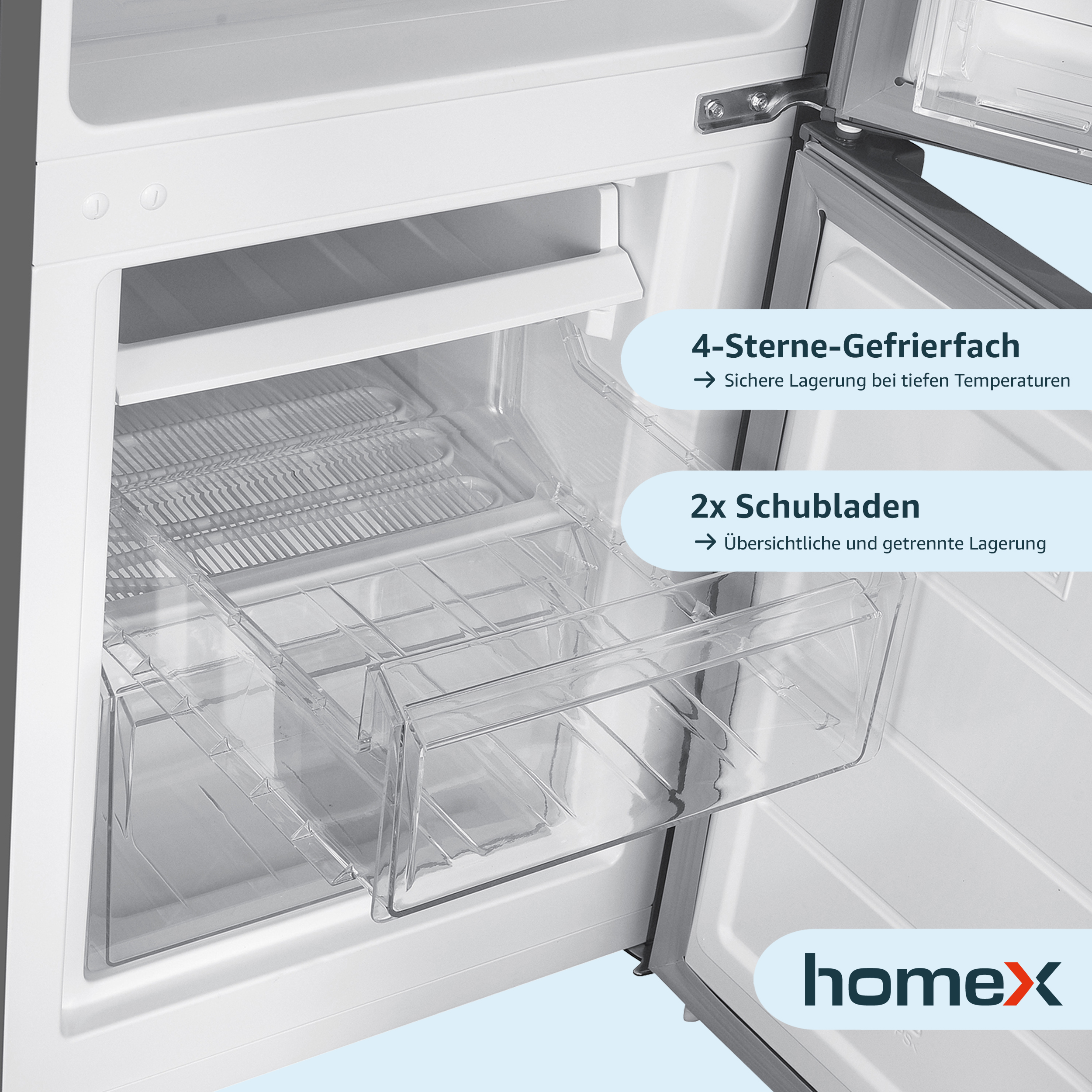 Im Kühlschrank gibt es Schubladen und Regale. Textbezeichnungen beschreiben die Fächer.
