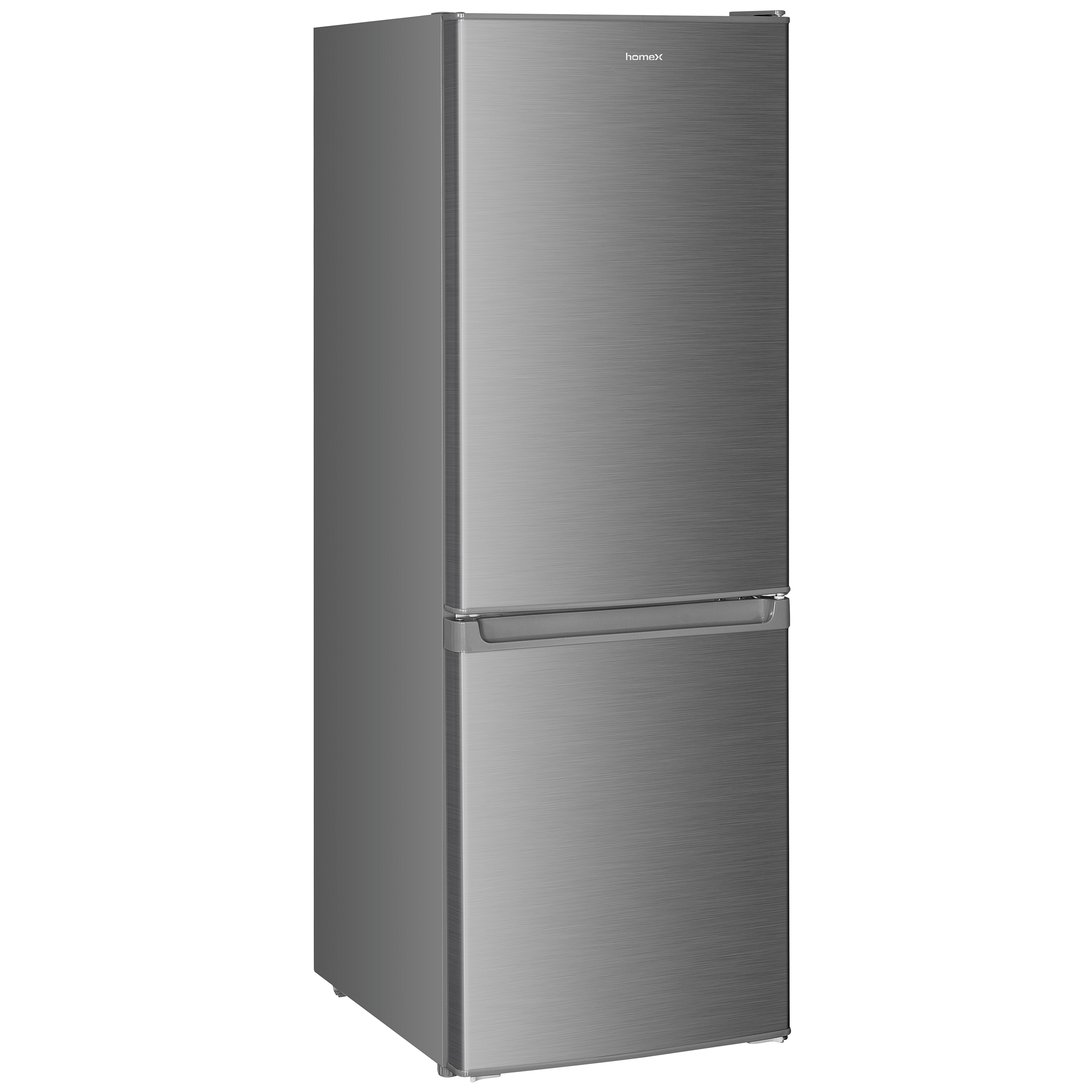Hoher grauer Kühlschrank. Geschlossene Türen. HomeX-Logo unten.
