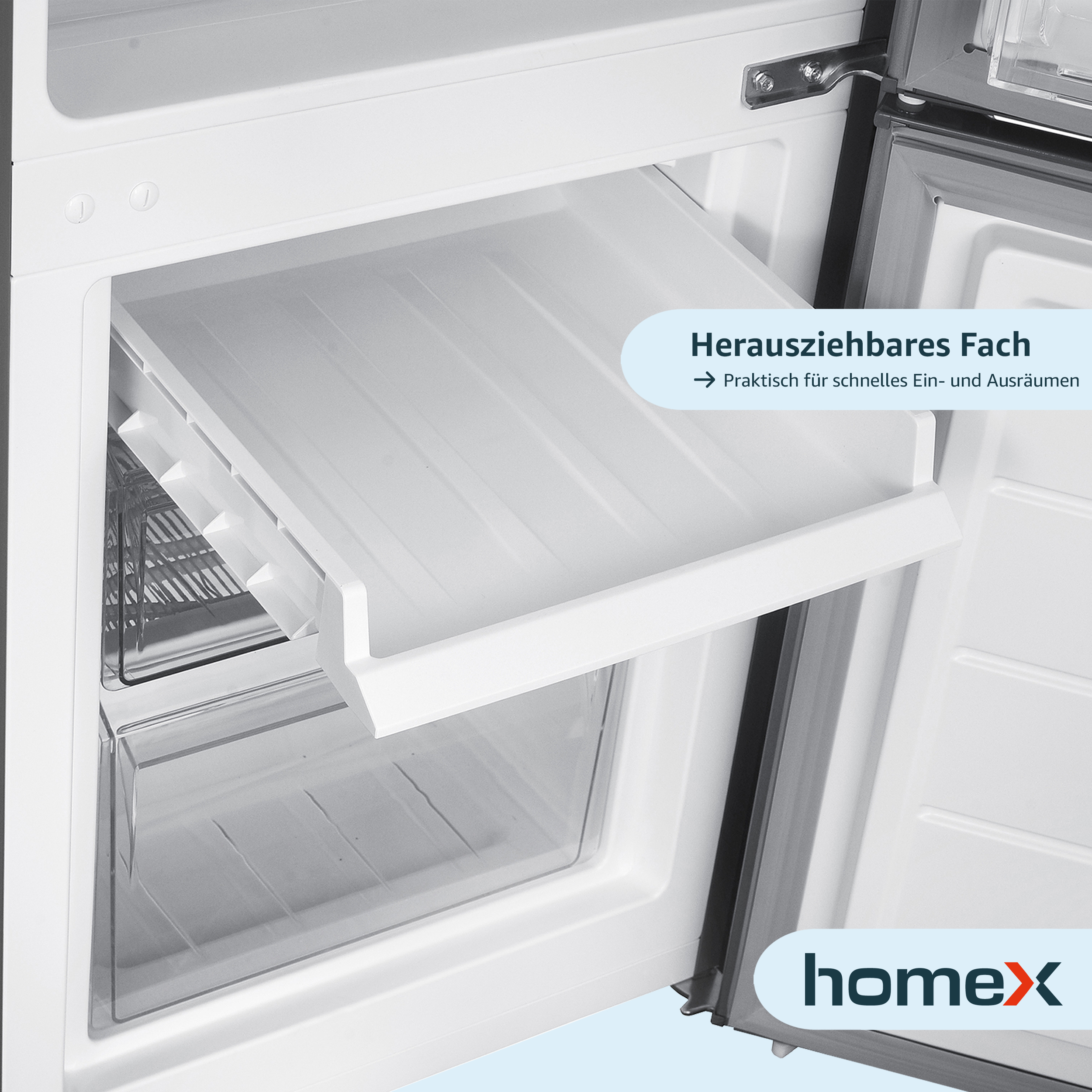Nahaufnahme der weißen ausziehbaren Gefrierschublade. Text: herausnehmbares Fach, homeX Logo.