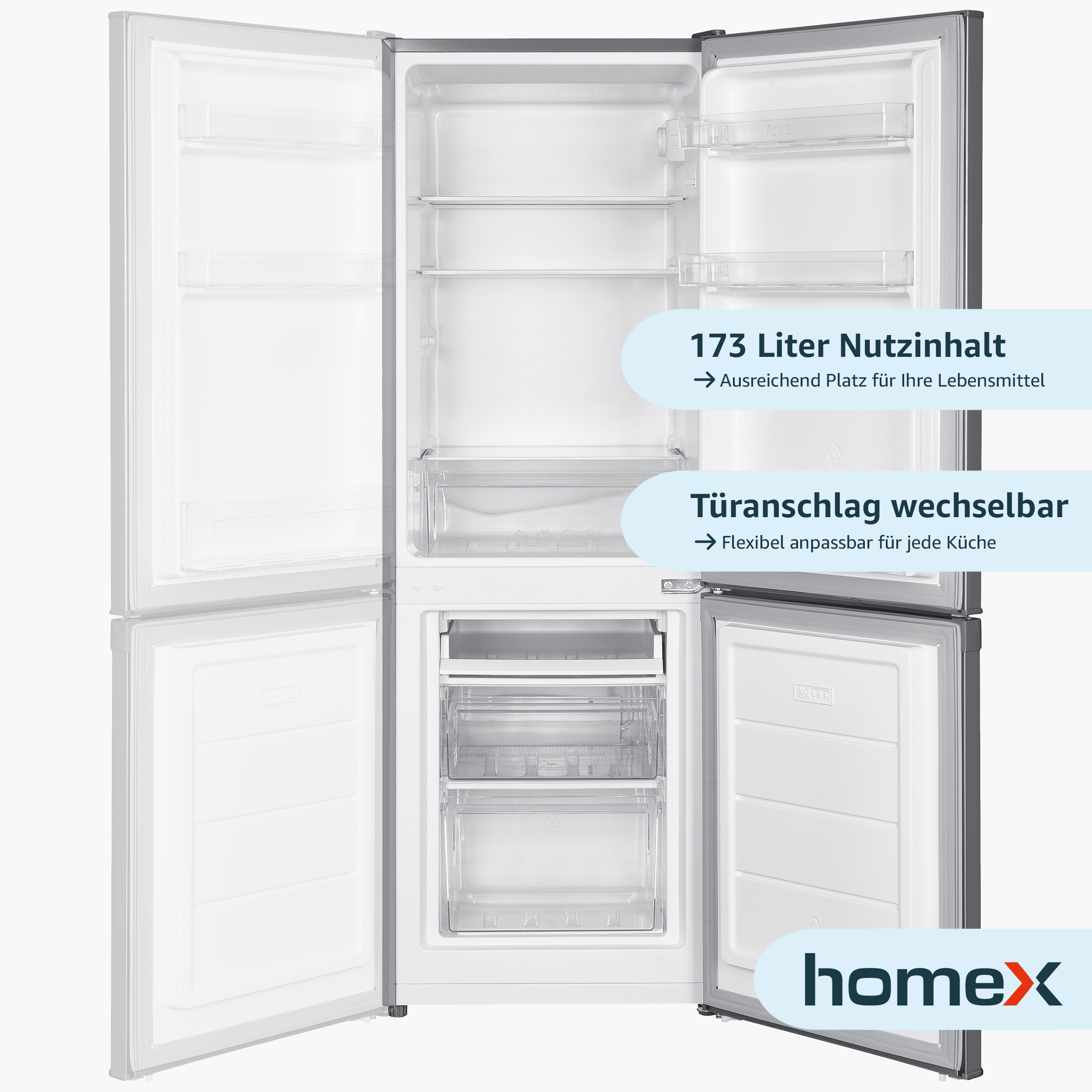 Offener weißer Kühlschrank mit Text: 173 Liter, flexible Tür, homeX Logo.