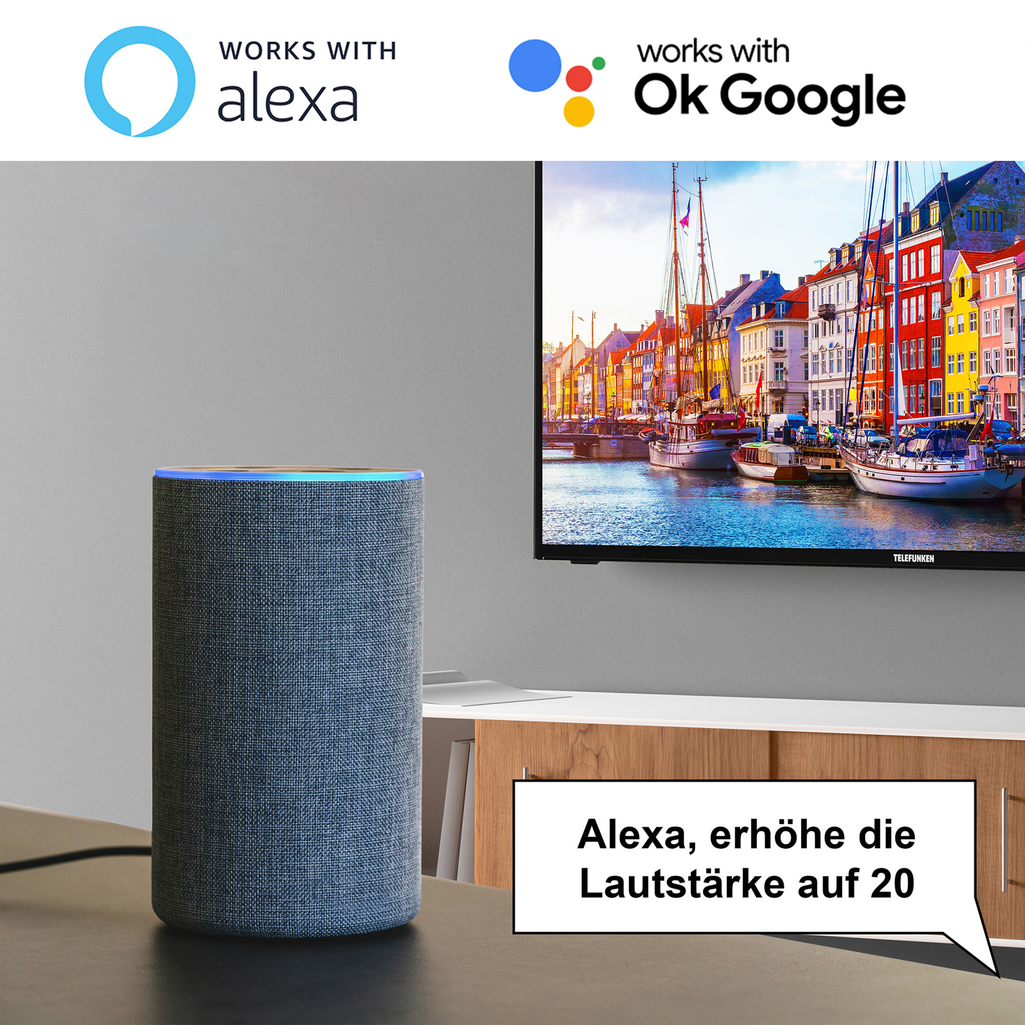 Grauer Smart Speaker auf einem Tisch, mit TV-Hafenansicht, Alexa Sprachbefehl.