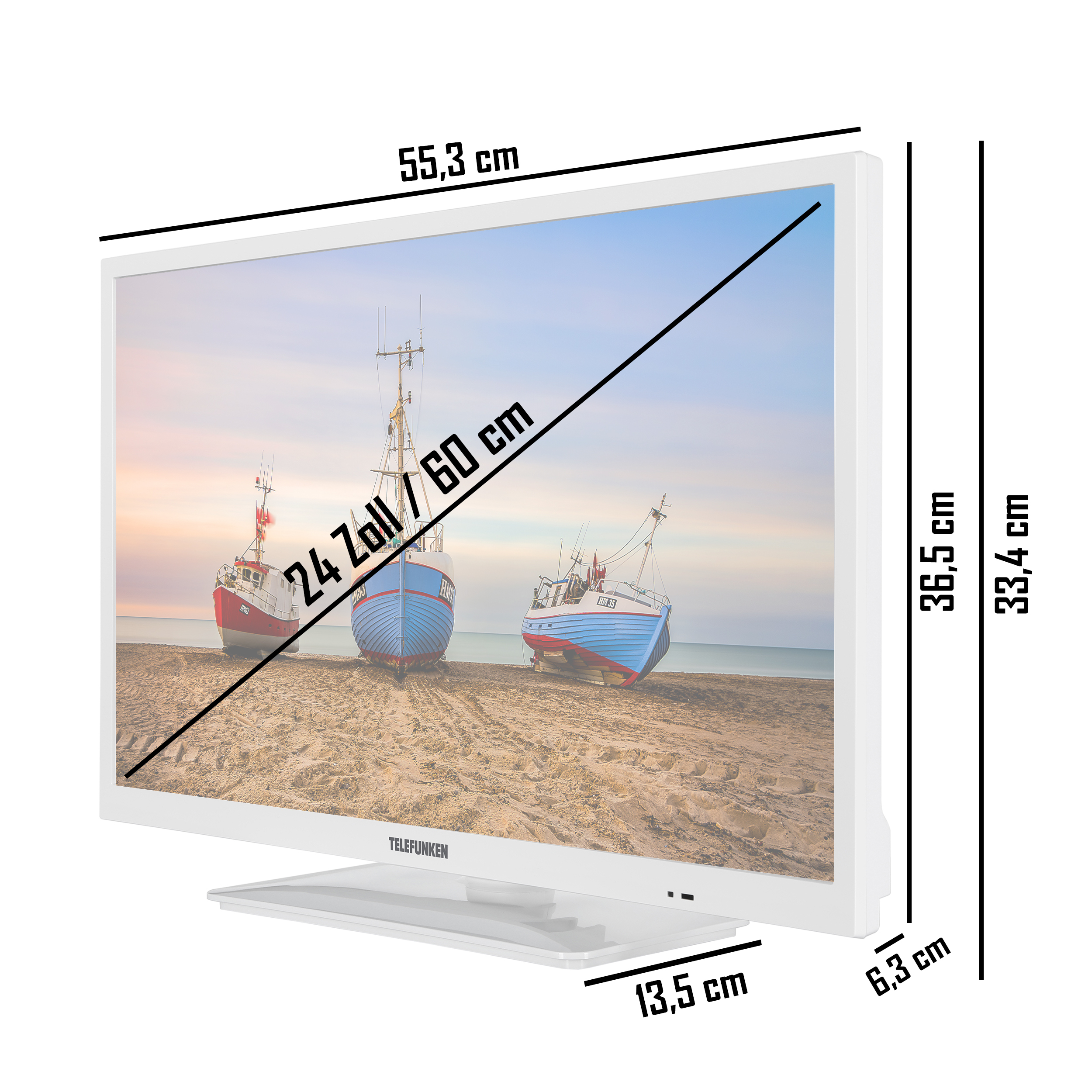 Weißer Fernseher mit Hafenszene, mit Maßen. Steht auf weißer Oberfläche.