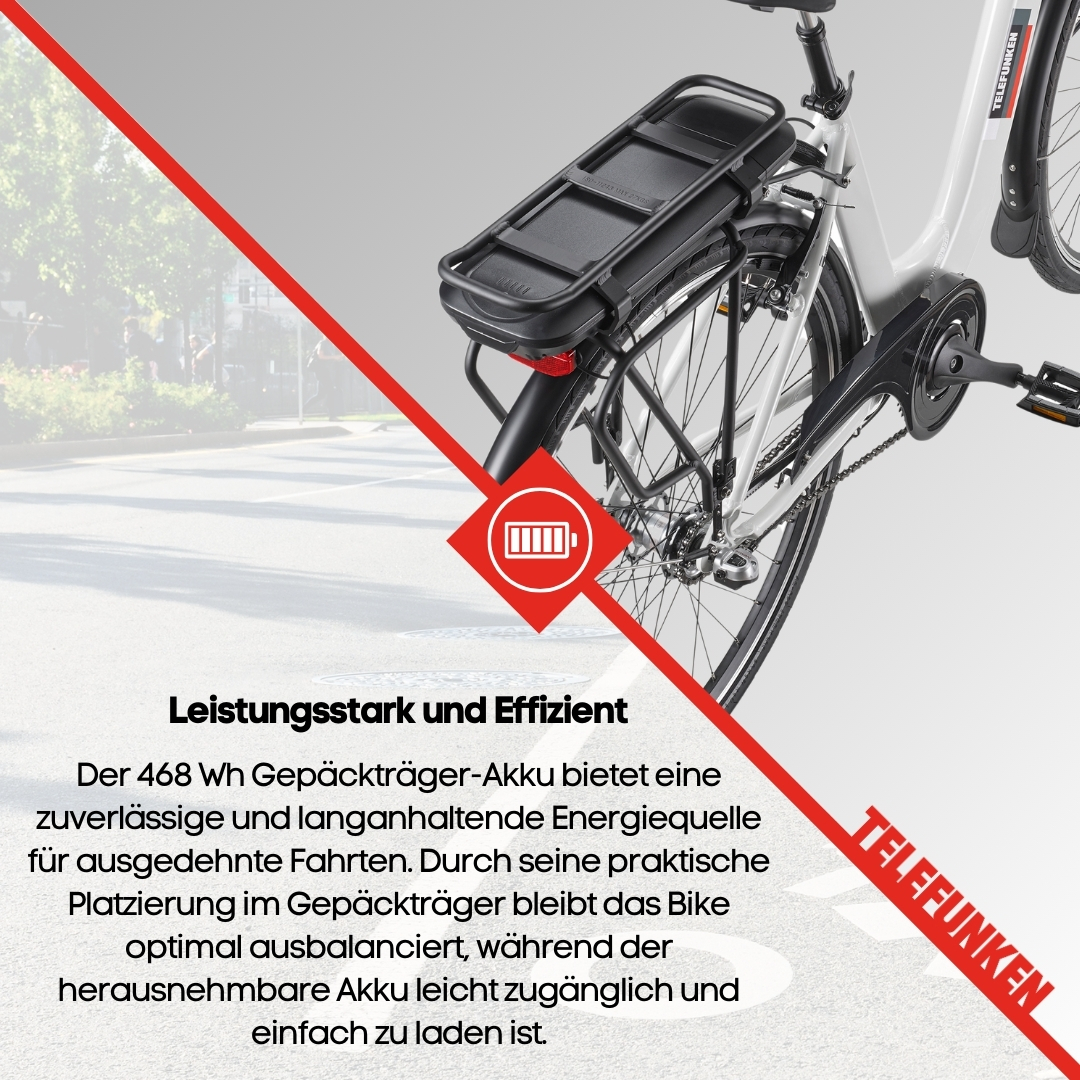 Schwarzes Fahrrad mit Text: Leistungsstark und Effizient. Batteriesymbol. Telefunken-Logo.