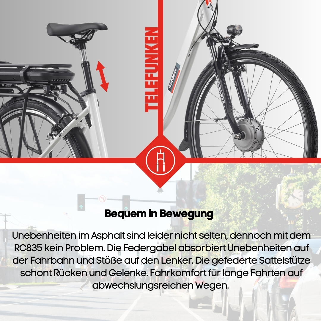 Weißes E-Bike mit Text und Pfeilen, mit einer Straßenszene im Hintergrund mit Autos und Ampeln.