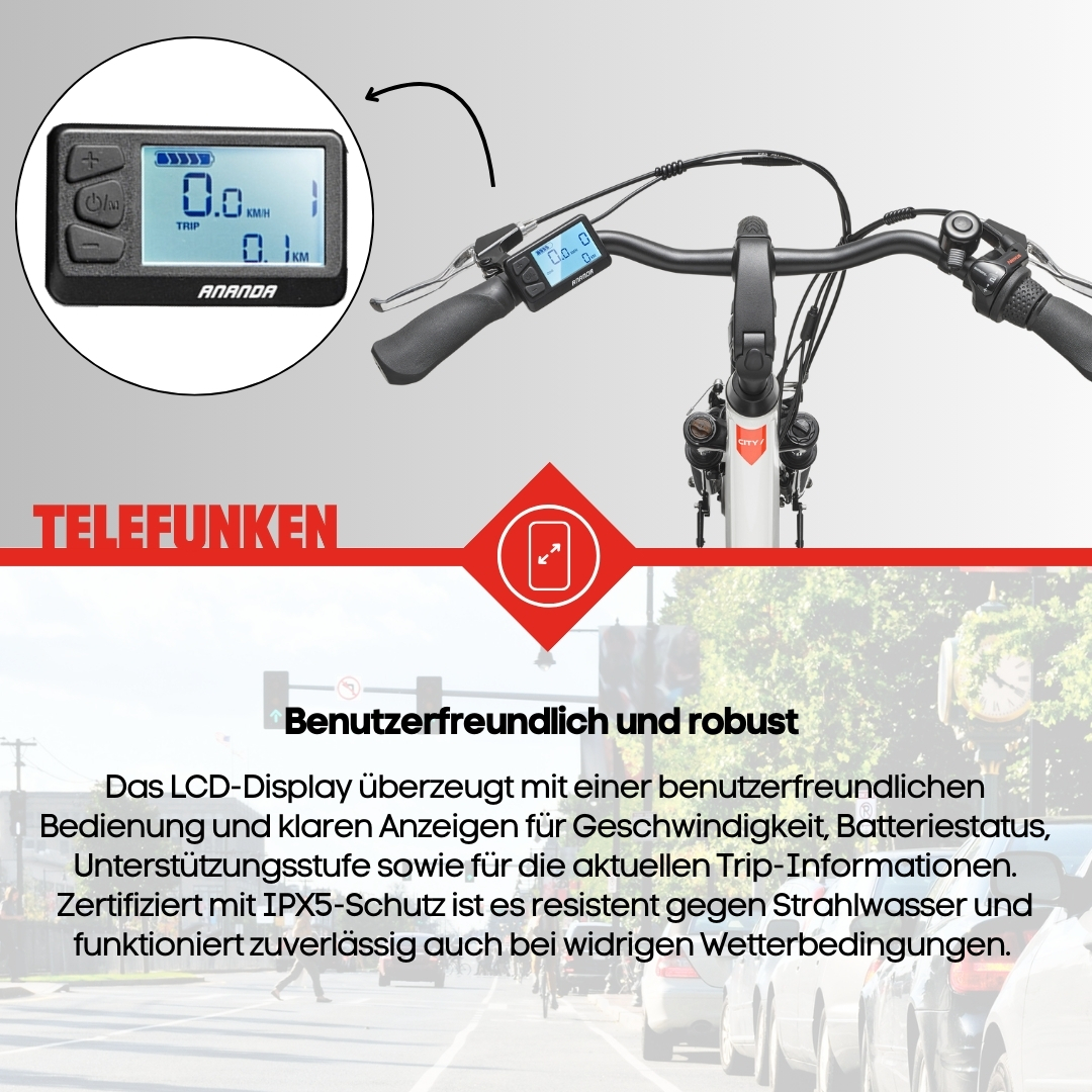 E-Bike-Lenker mit Display. Das Display zeigt Geschwindigkeit und Distanz. Verkehr im Hintergrund.