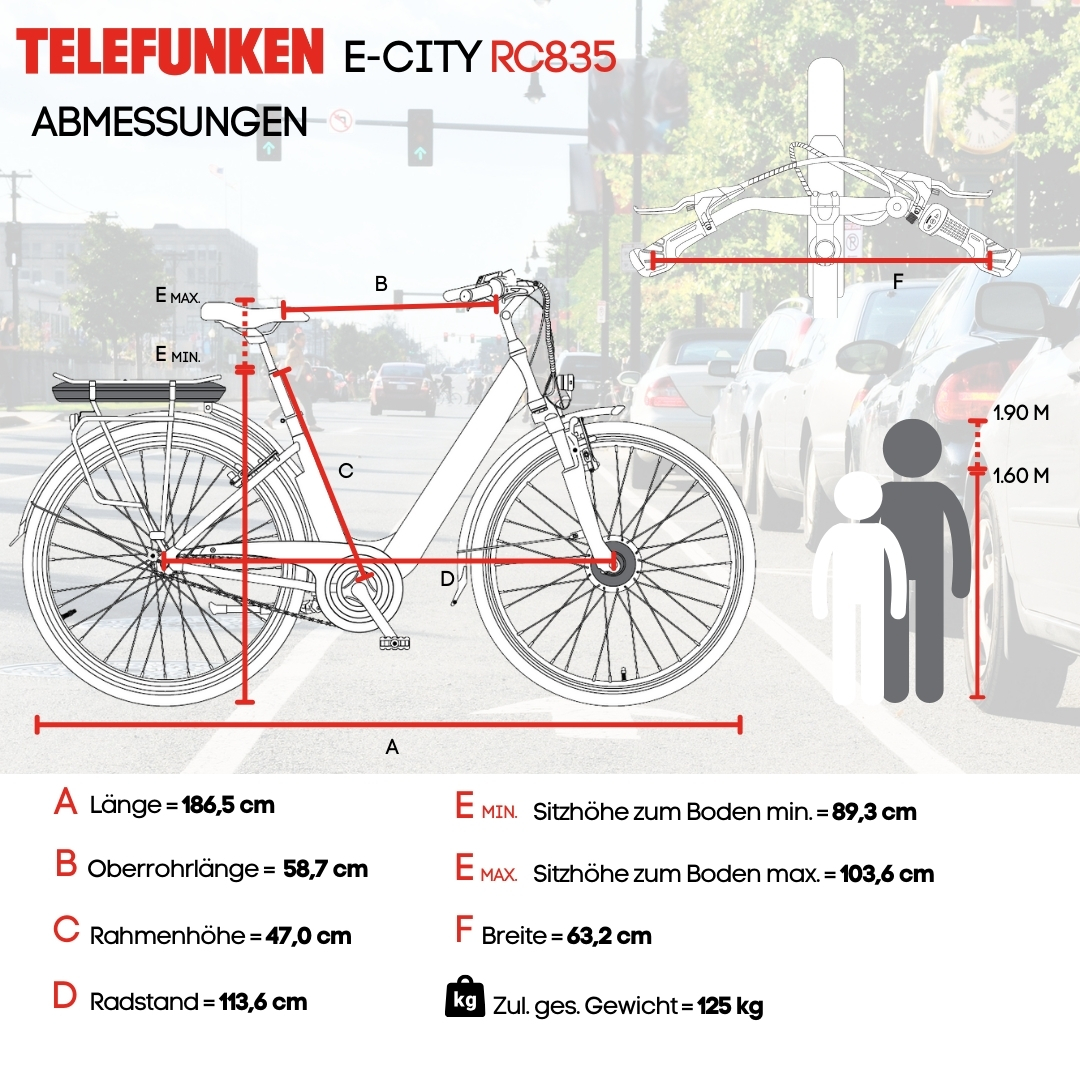 Diagramm eines E-Bikes mit Abmessungen, das die Größe und die Maße des Fahrrads mit einer Person zeigt.