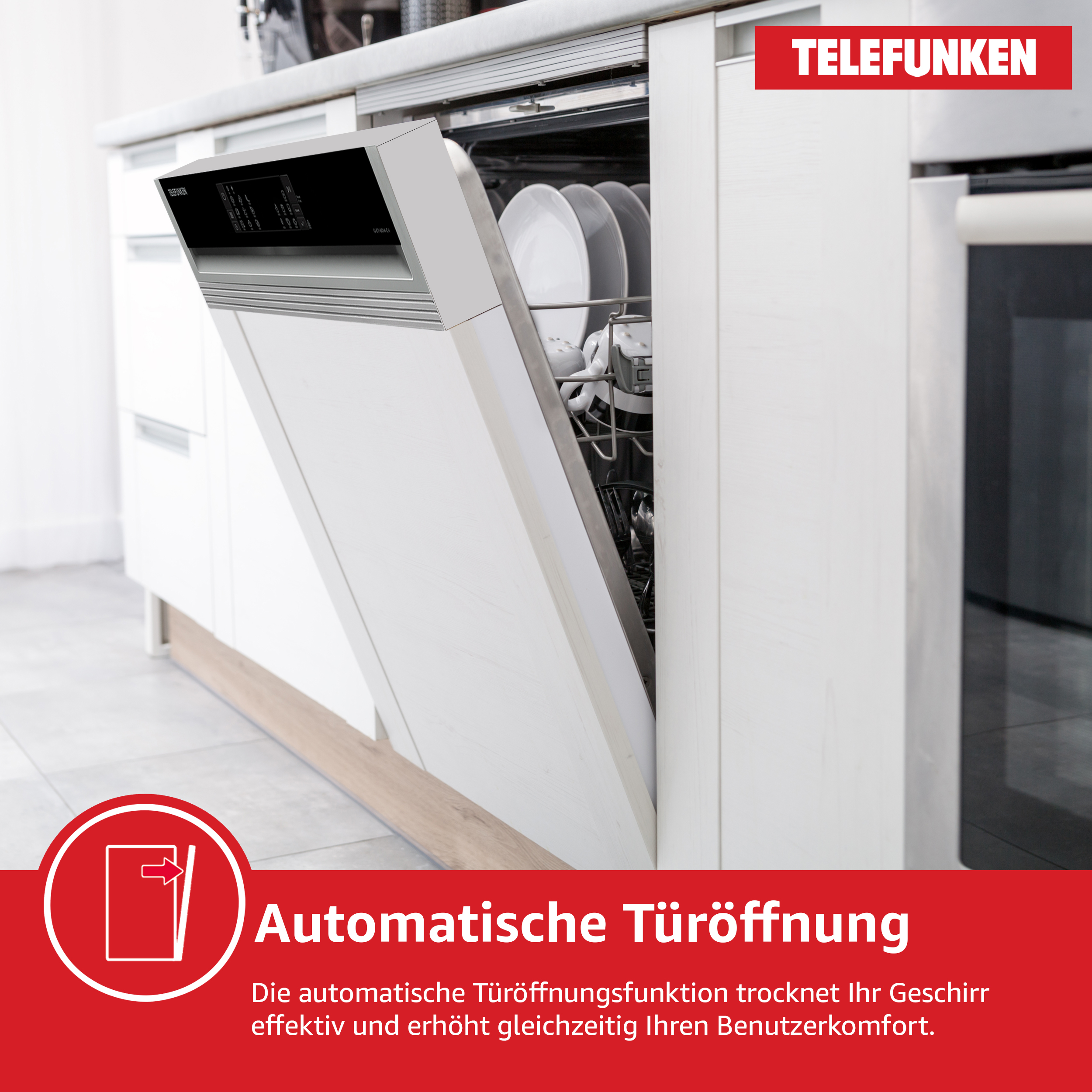 Weißer Geschirrspüler mit offener Tür, Geschirr innen. Text zeigt automatische Türöffnung.