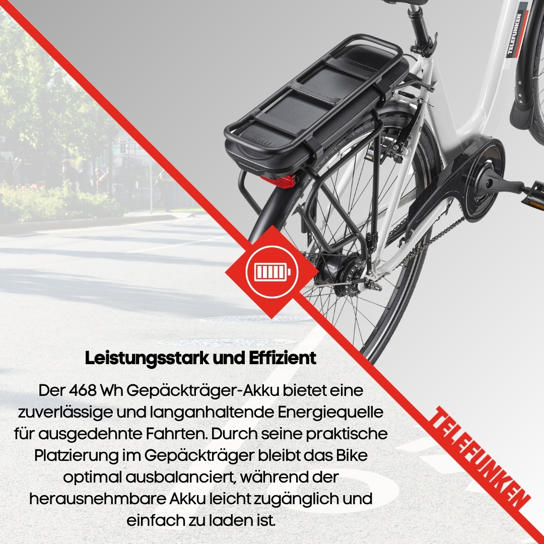 Nahaufnahme des E-Bikes mit Akku. Text: Leistungsstark und effizient, zuverlässiger Akku.
